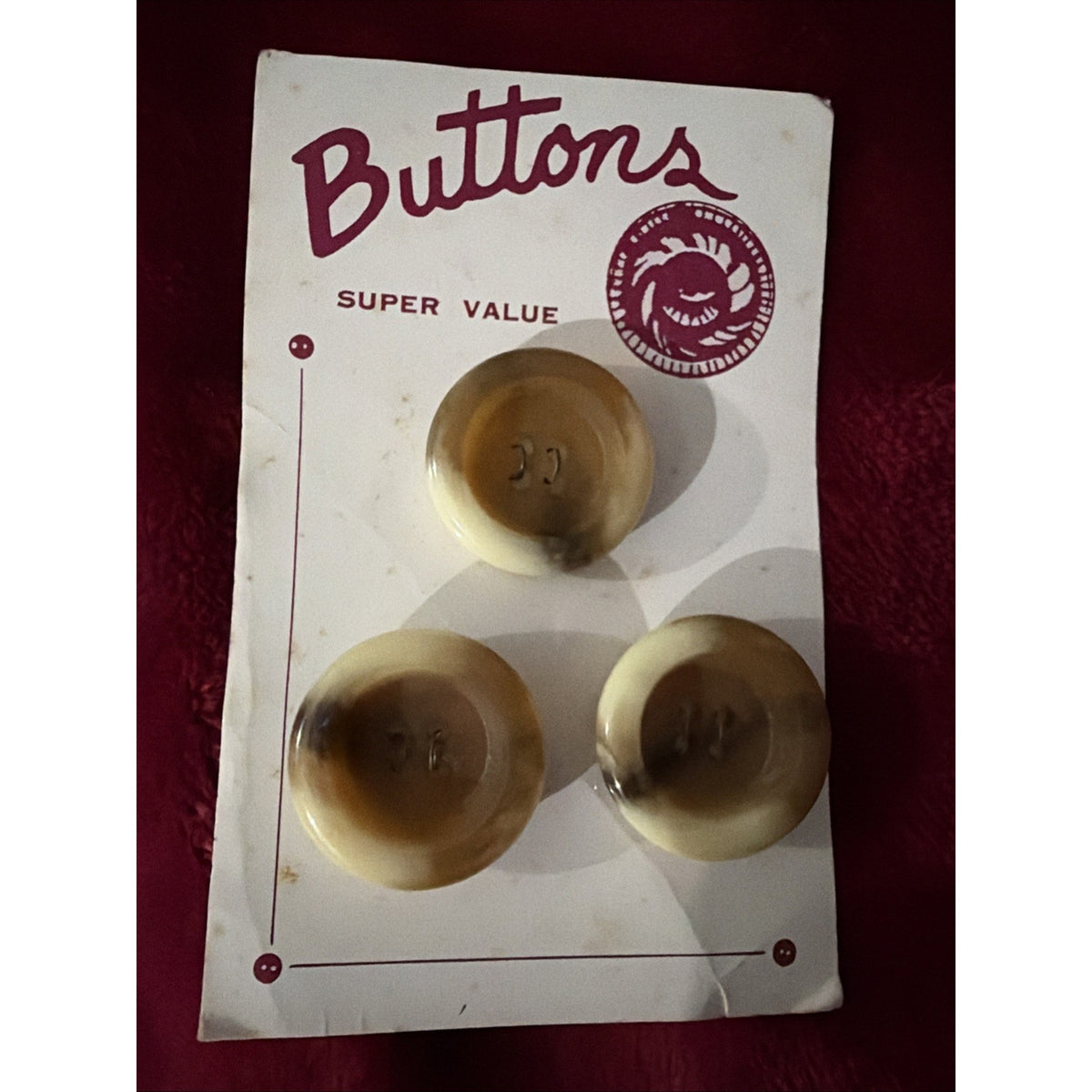 Vintage Brown Wood Buttons 4 Hole 1 1/4” Large Sewing Craft Original Card NOS