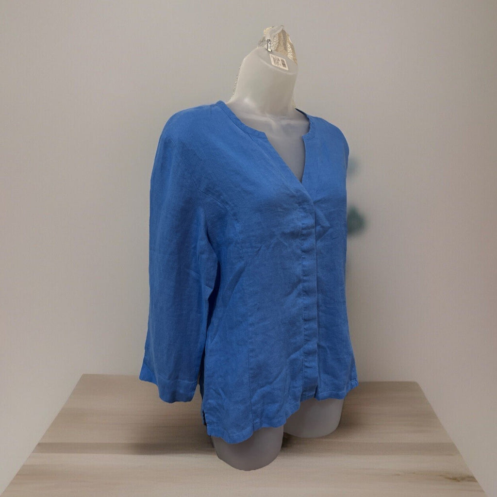 Talbots Sz 12 Irish Linen Blue Long Sleeve V Neck Button Down Blouse