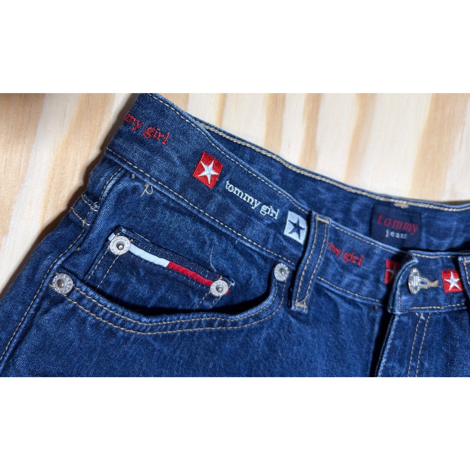 Vintage 2000 Tommy Hilfiger Jean Hipster Shorts SpellOut Flag Y2K Grunge Size 7