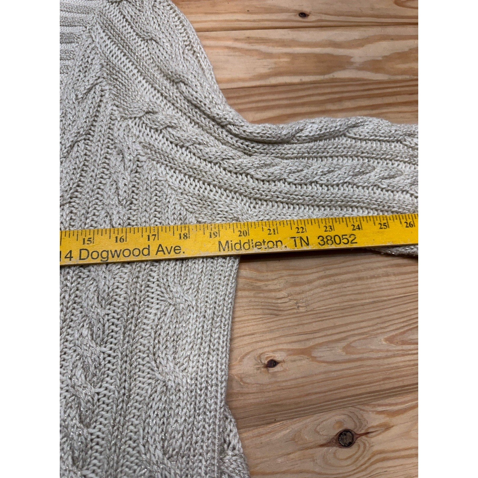 Chico's Open Front Cardigan Sweater Size 2 (L/12) Ivory w/ Metallic Gold Threads