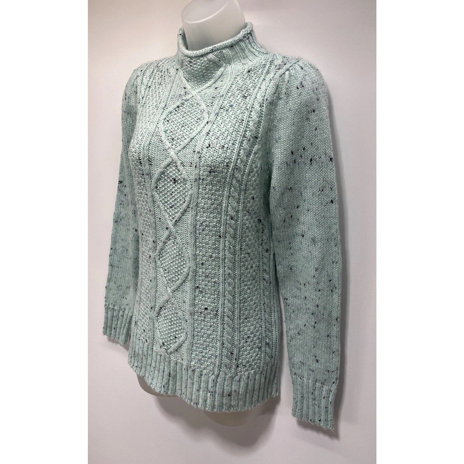 Talbots Sweater Womens Small Petite Blue Ribbed Edges Puffed Sleeve Specks Comfy