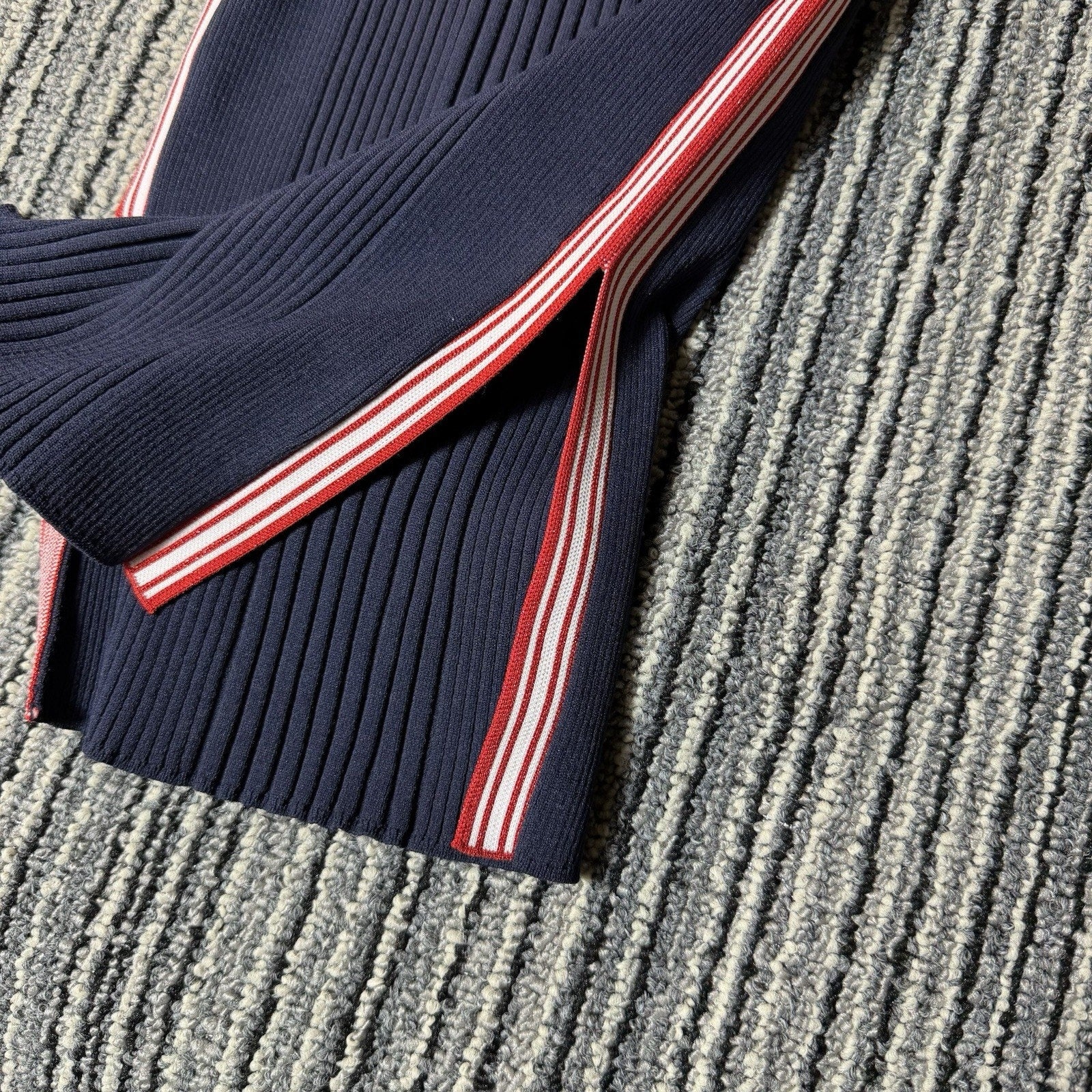 REO Womens Small NWT Navy Ribbed Knit Bodycon Dress Red White Side Stripe Mini