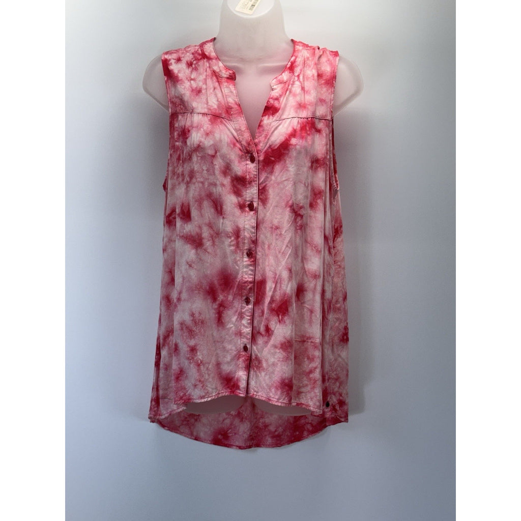 Wrangler Womens Sleeveless Blouse Size M Red/Pink/White Button Down Hi Lo Hem
