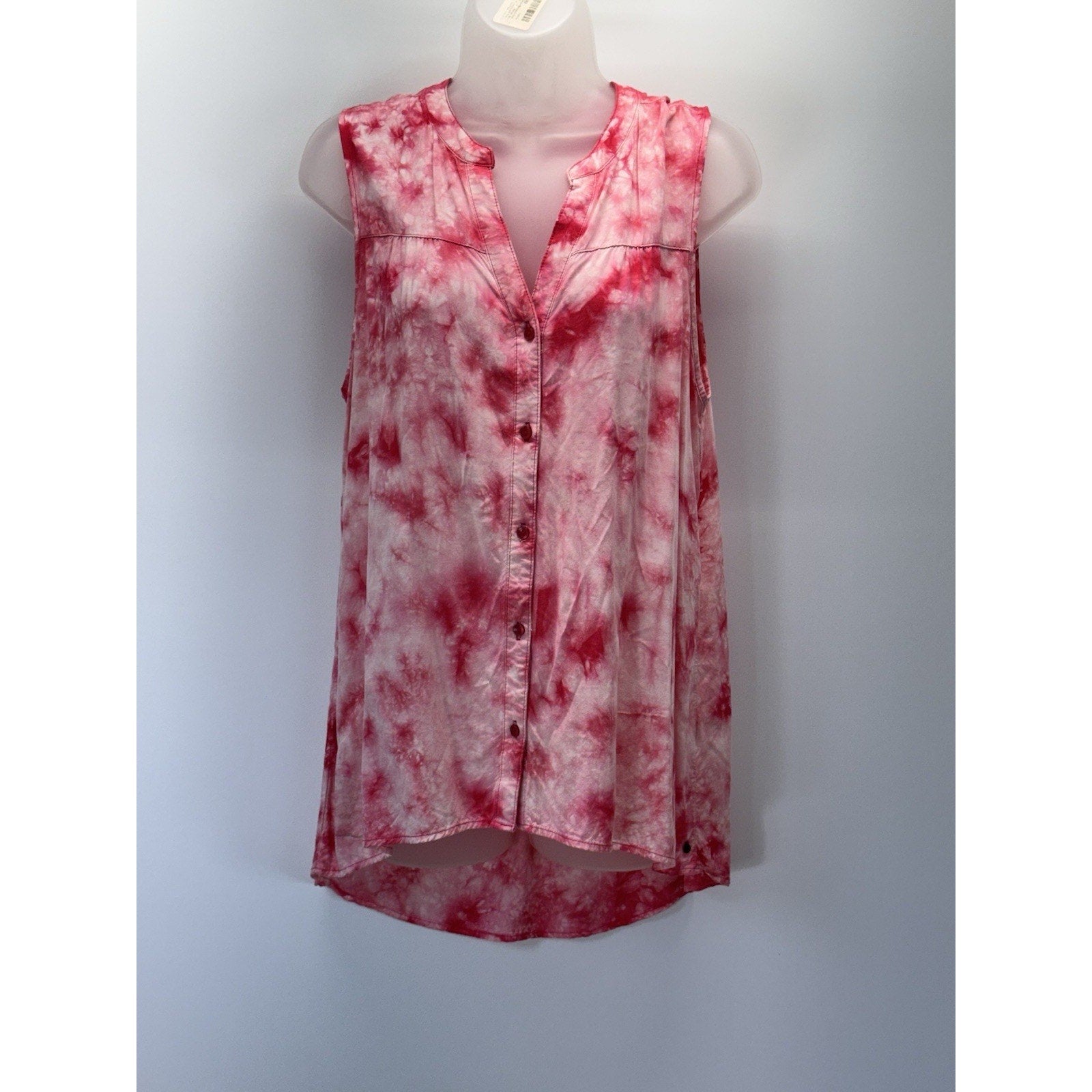 Wrangler Womens Sleeveless Blouse Size M Red/Pink/White Button Down Hi Lo Hem