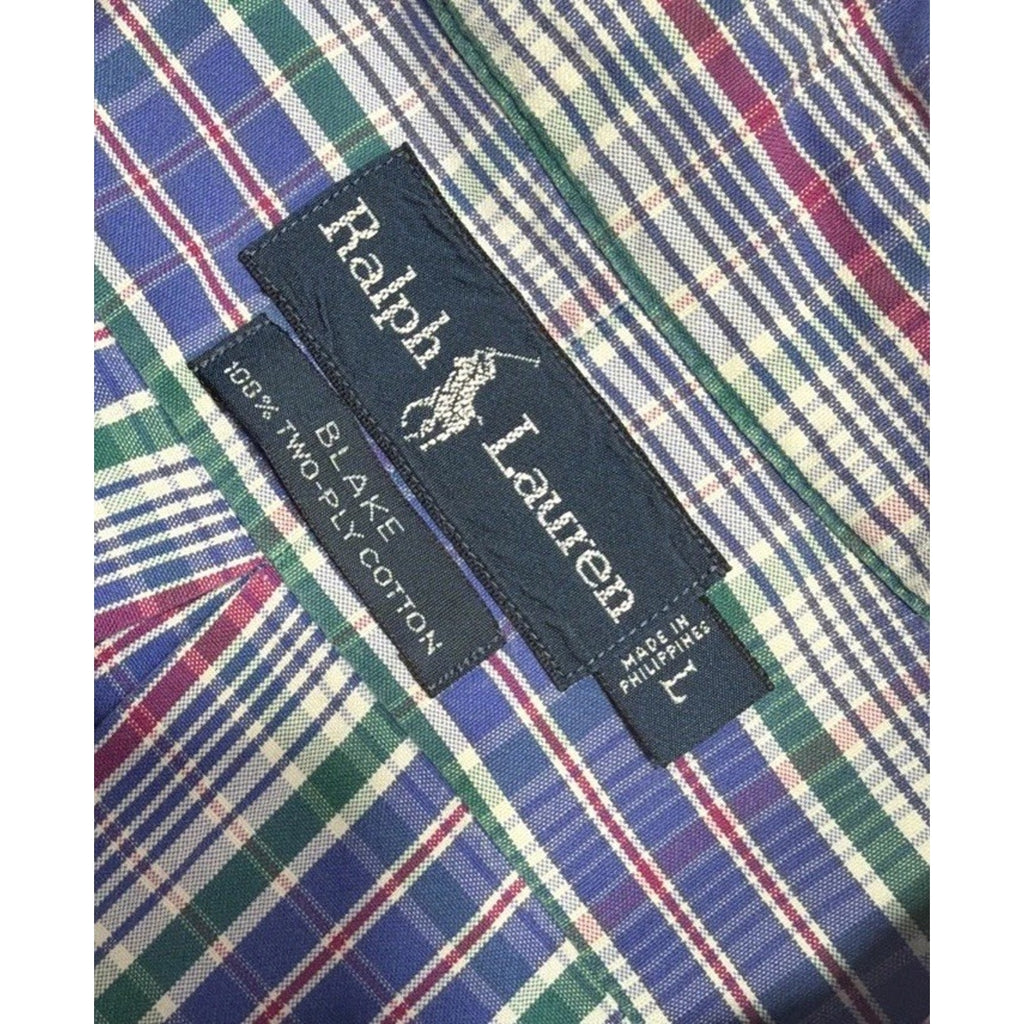 Vintage Ralph Lauren Blake Shirt Mens Large Blue Green Plaid Two-Ply Cotton EUC