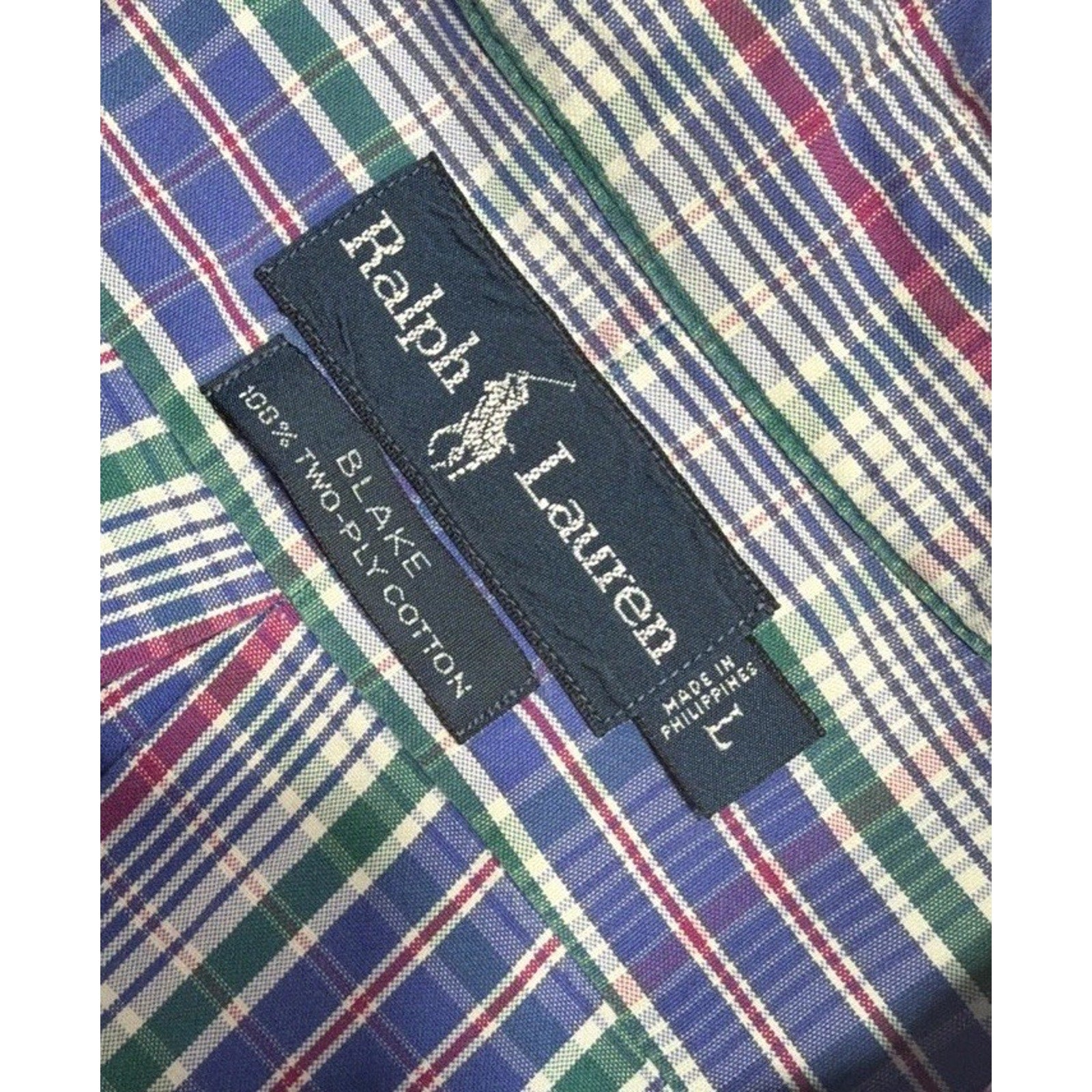 Vintage Ralph Lauren Blake Shirt Mens Large Blue Green Plaid Two-Ply Cotton EUC