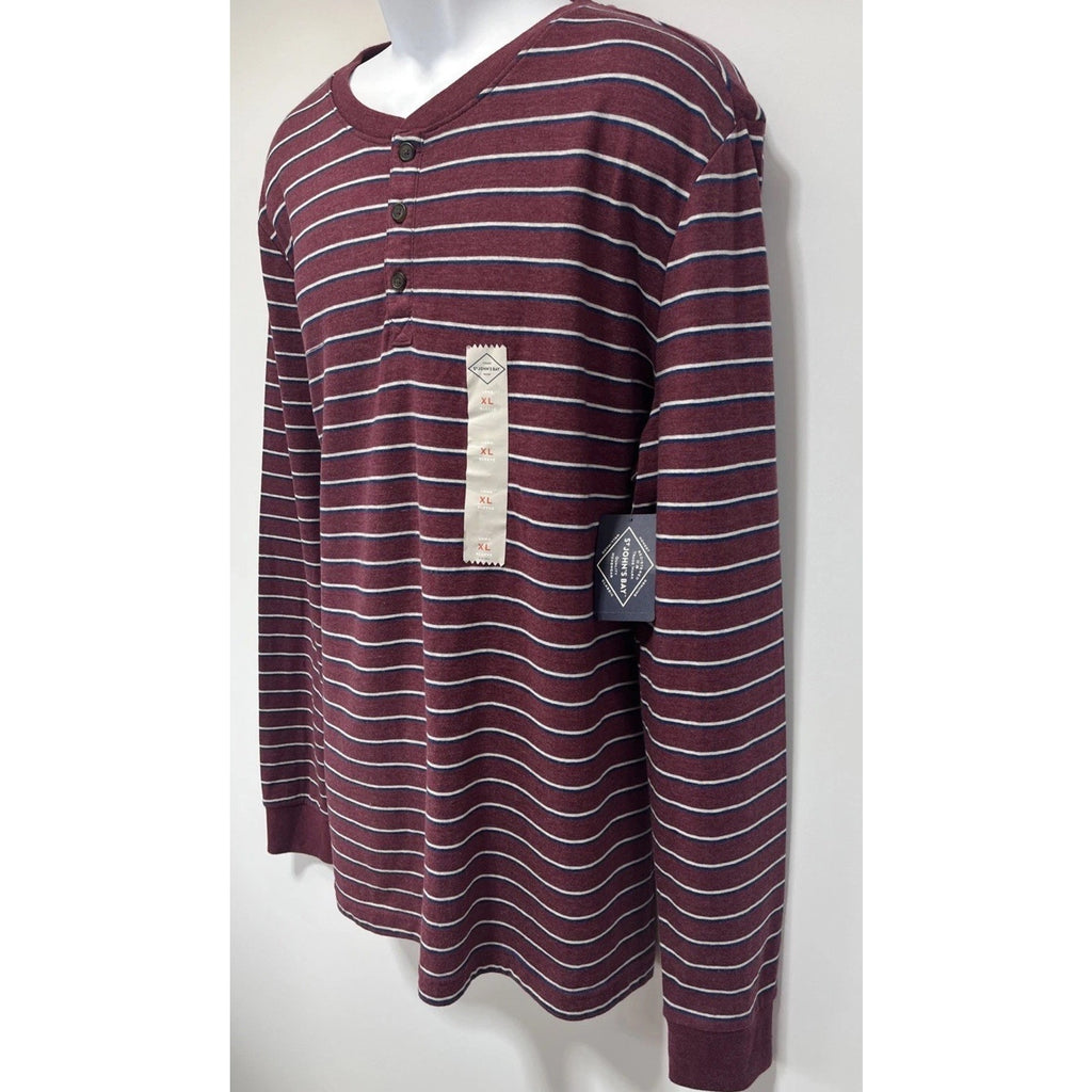 NEW Men's St. John's Bay Long Sleeve Burgundy Stripe Henley Shirt XL