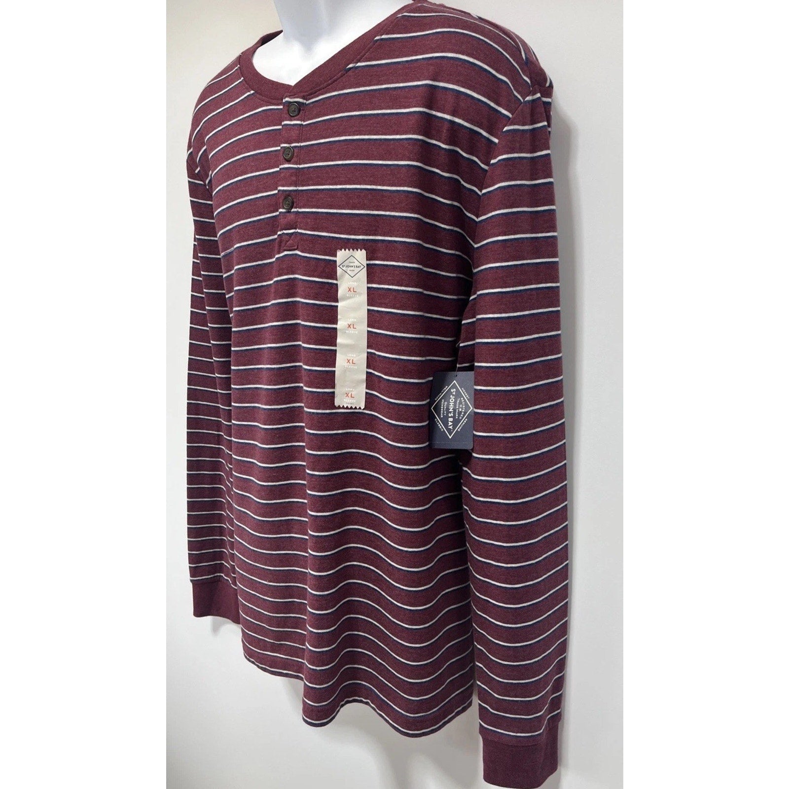 NEW Men's St. John's Bay Long Sleeve Burgundy Stripe Henley Shirt XL