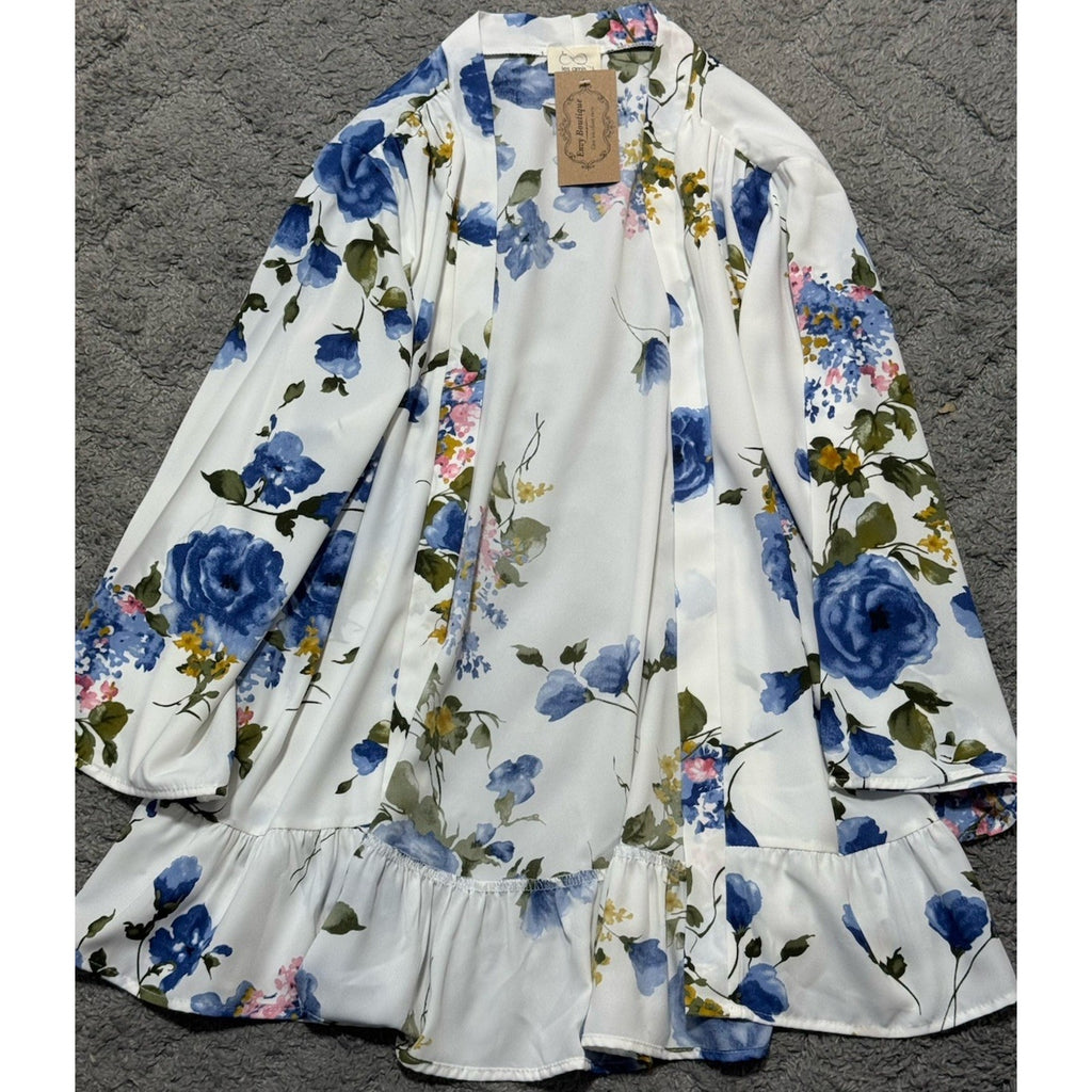 Les Amis Women’s Large Floral Kimono Cardigan White Blue Roses Peplum Ruffle USA