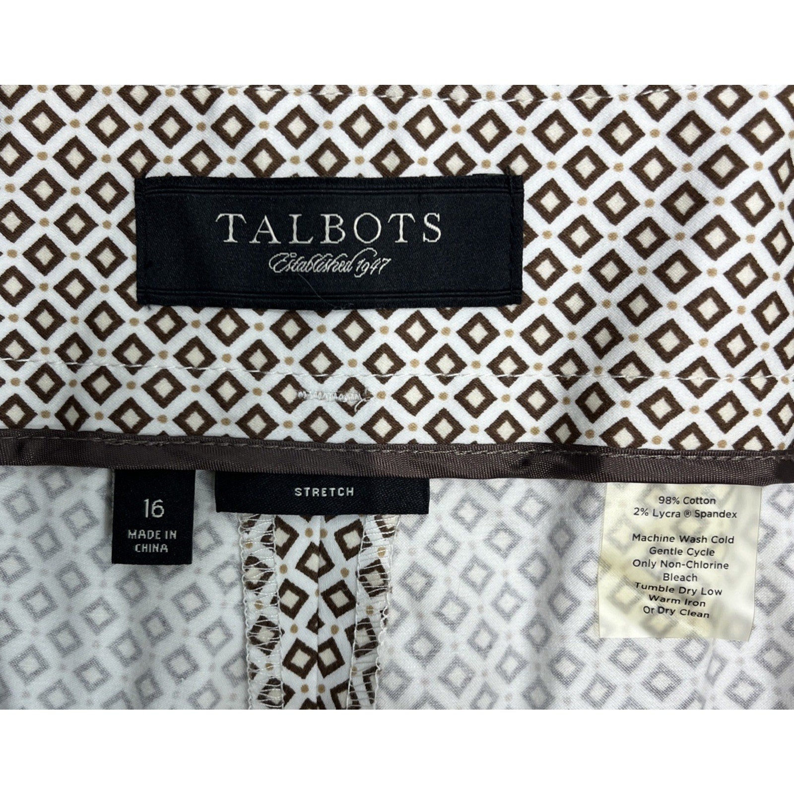 Talbots Pants Womens Size 16 Brown Geometric Print Crop Straight