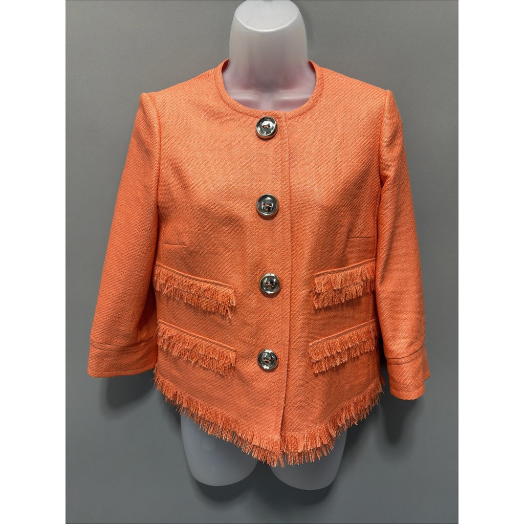 Per Se By Carlisle Orange Boucle Tweed Fringe Cropped Blazer Jacket Women’s 4