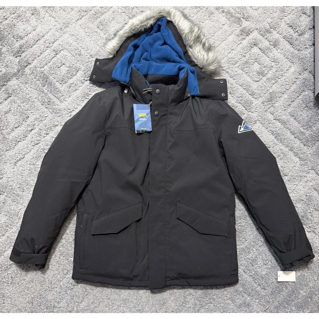 New VRY WRM Winter Jacket Coat Parka Hooded Black Blue L Large #F64305 MSRP $325