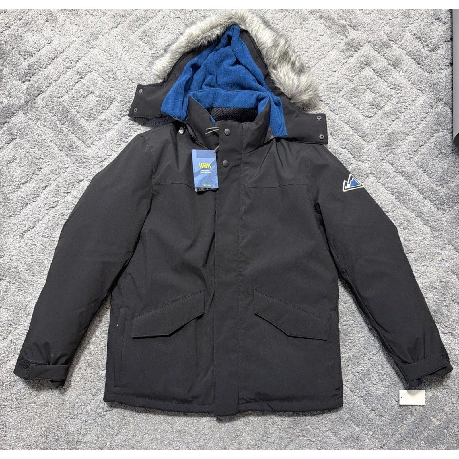 New VRY WRM Winter Jacket Coat Parka Hooded Black Blue L Large #F64305 MSRP $325