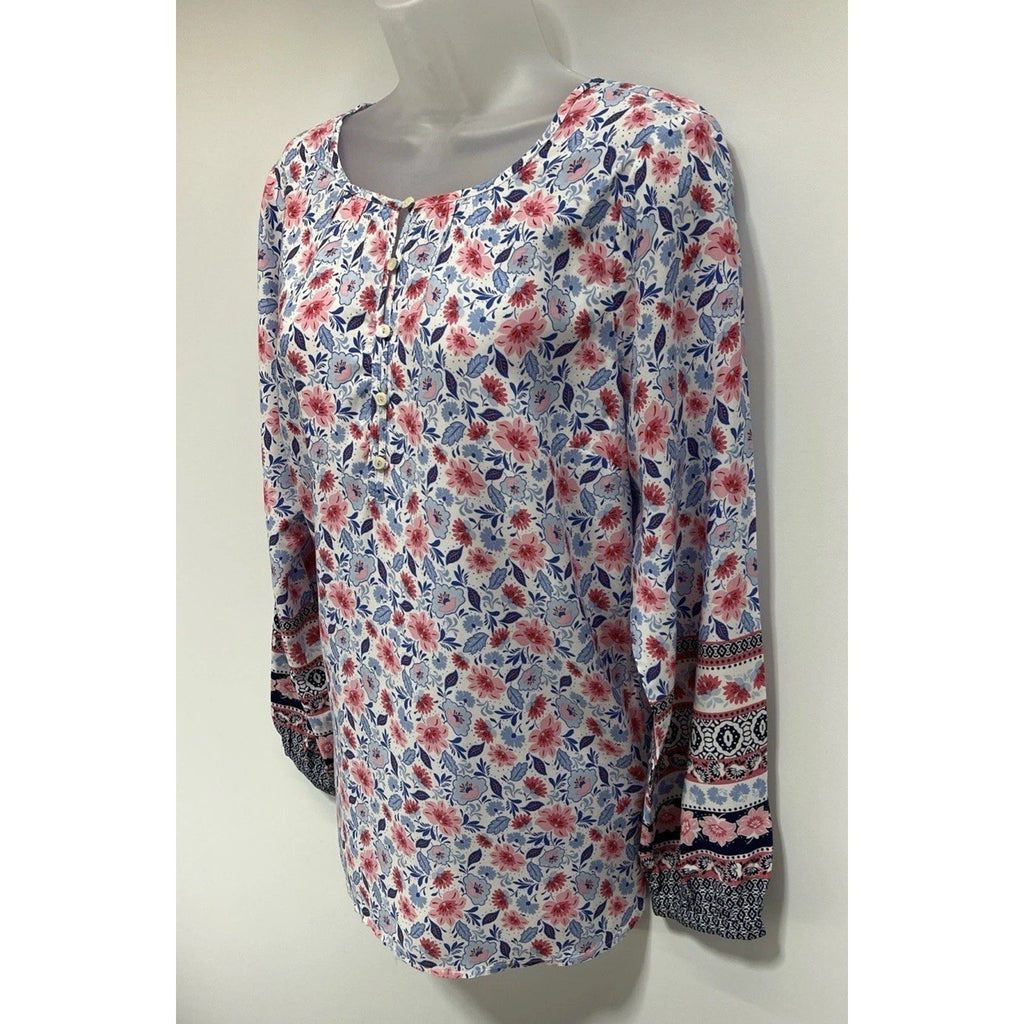 TALBOTS Top Size M Blue Pink Floral Boho Rayon Popover Long Sleeve Womens Light