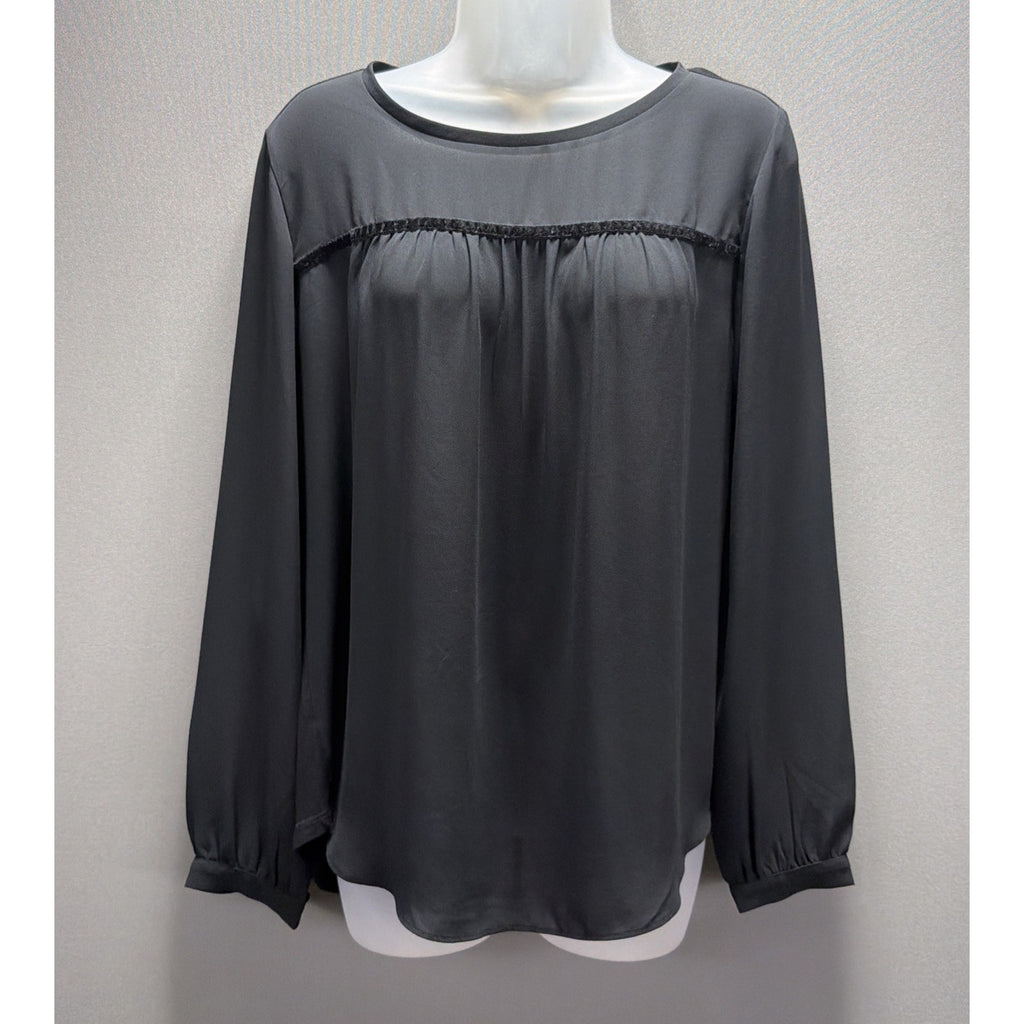 Loft Top Black Long Sleeve Velvet Trim Tunic Blouse Size Small