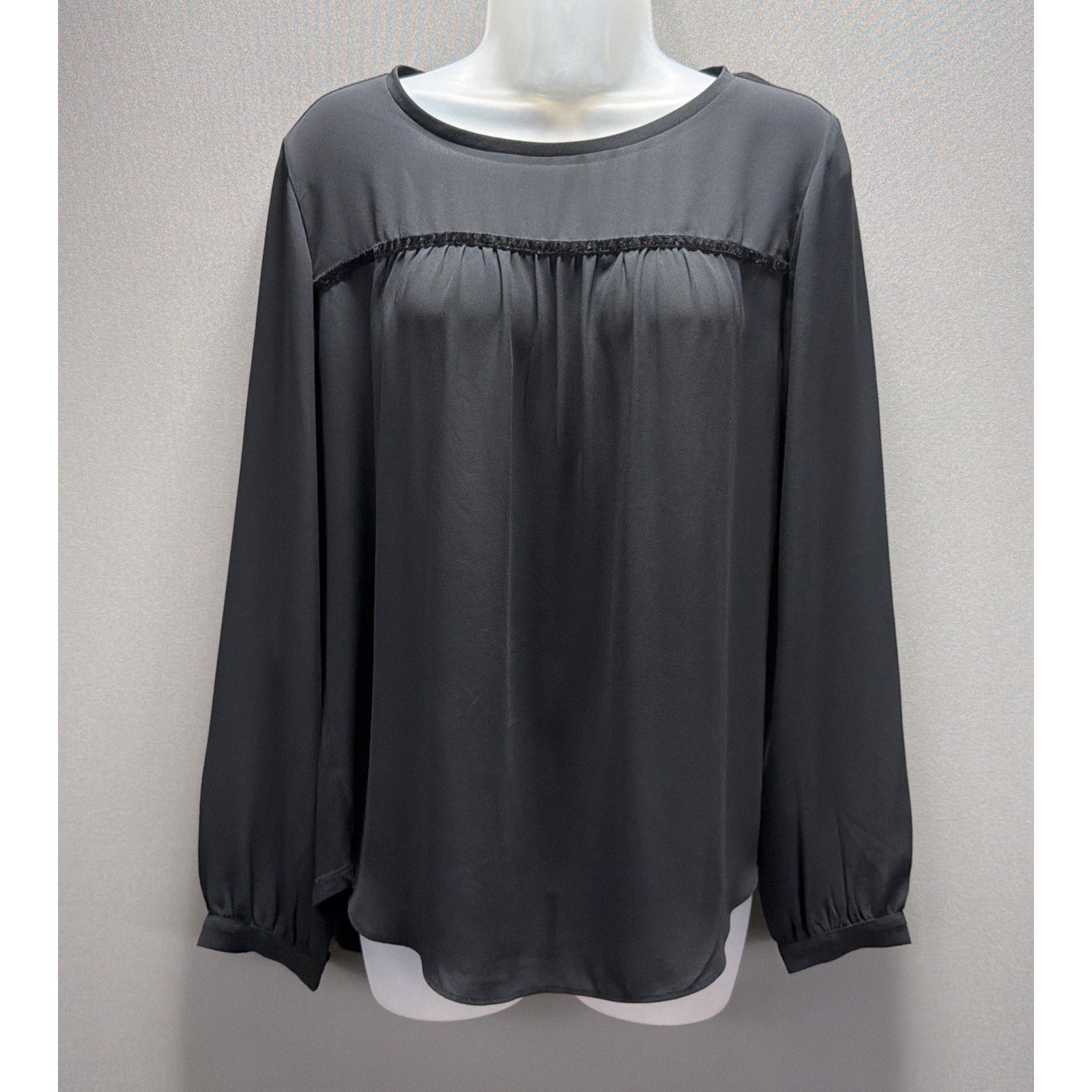 Loft Top Black Long Sleeve Velvet Trim Tunic Blouse Size Small