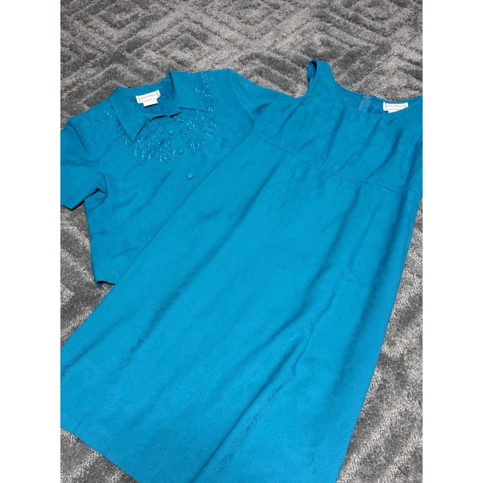 Karin Stevens Teal Maxi Dress Set Womens 14 Regular Vtg Padded Shoulders