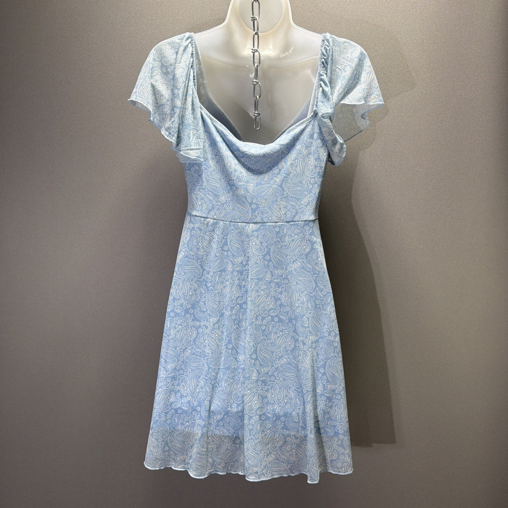 See You Monday Y2K Mini Dress Blue Paisley Sheer mesh Size Medium Stretch