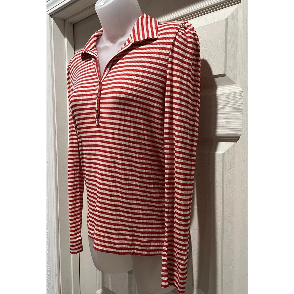 Ann Taylor Loft Shirt W Small White And Red Polo Striped Long Sleeve Ladies