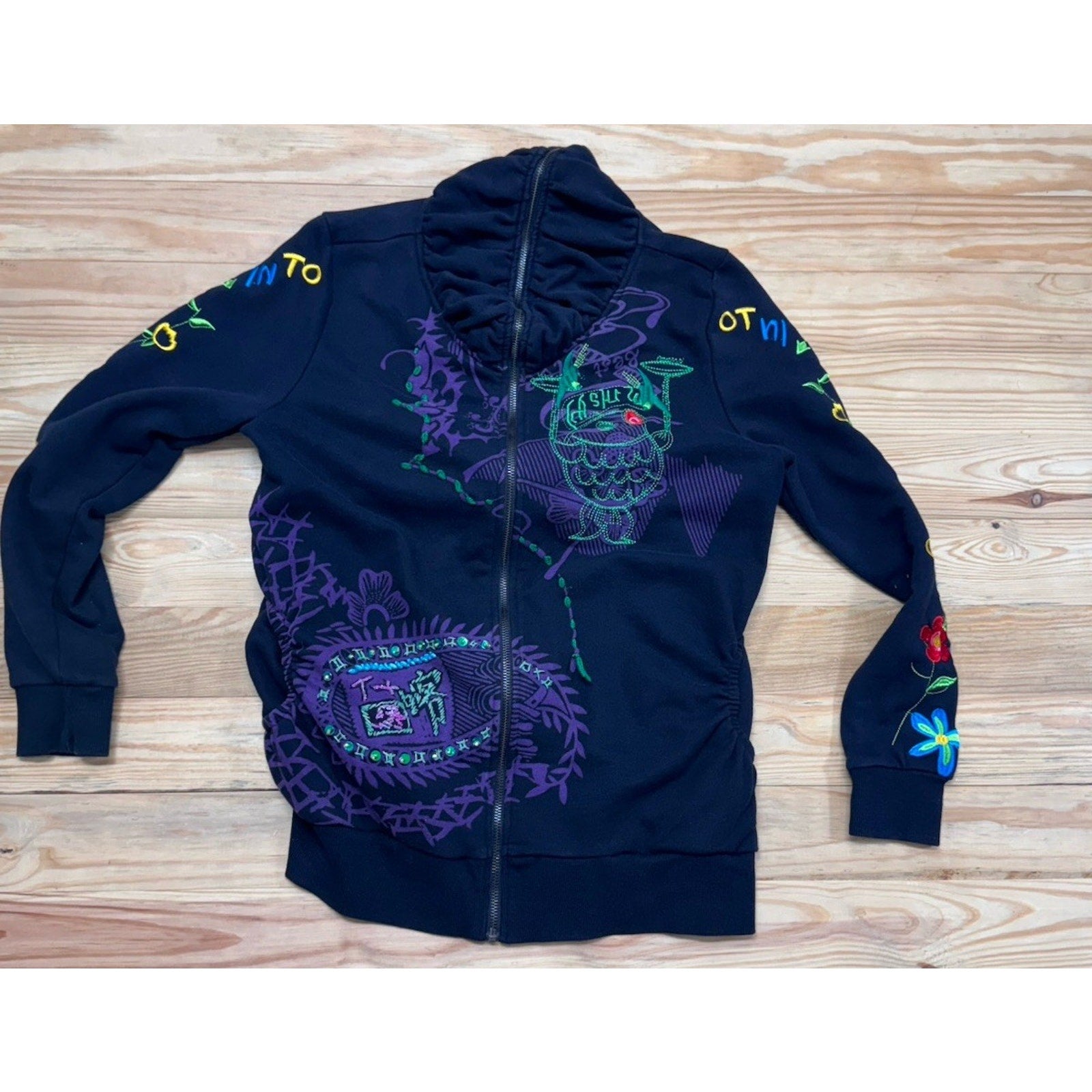 ADORE Juniors XL Embroidered Sweatshirt Hoodie Full Zip Graffiti Colorful