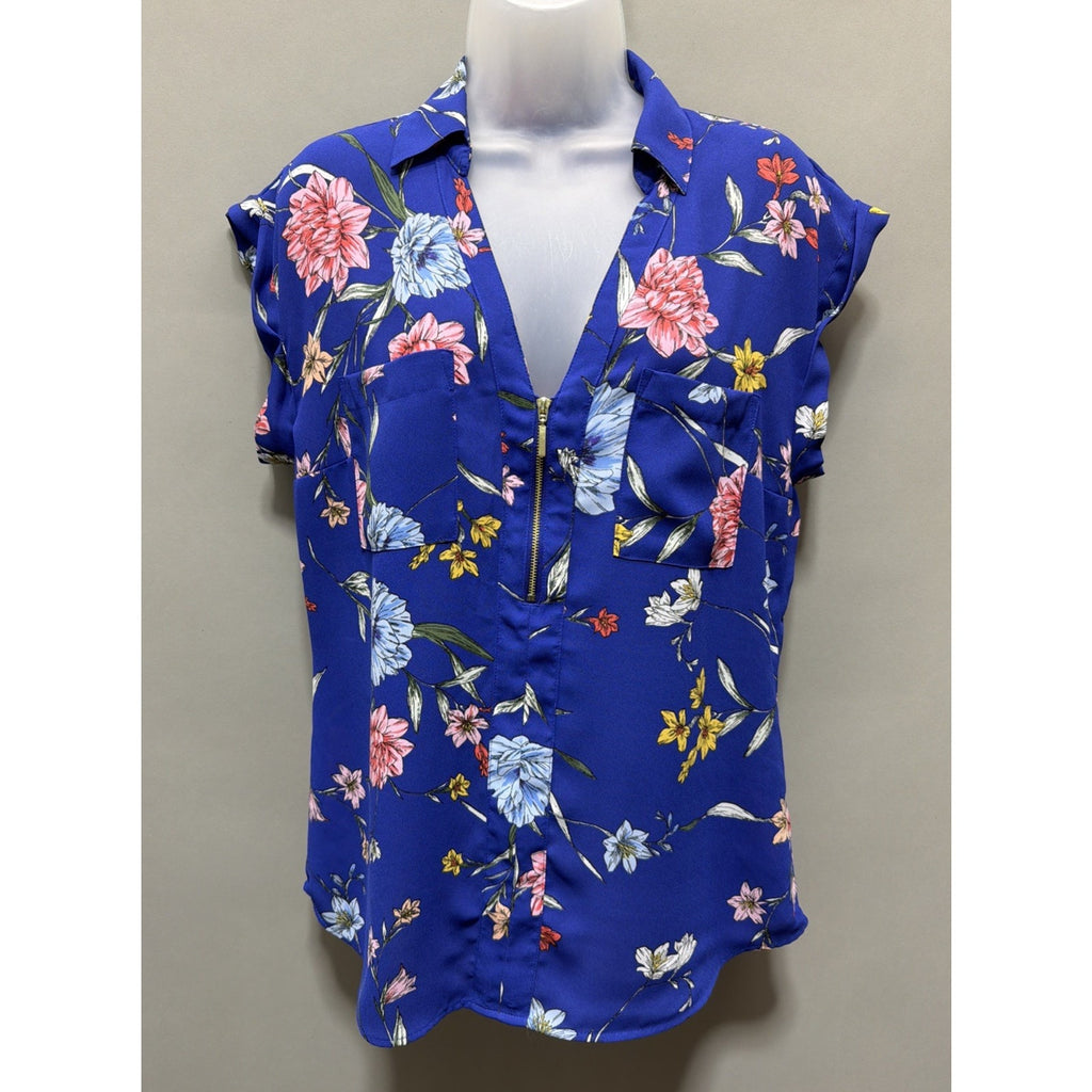 Express Women's Blue Floral Zip Front Blouse Size M Medium Spring Summer Top