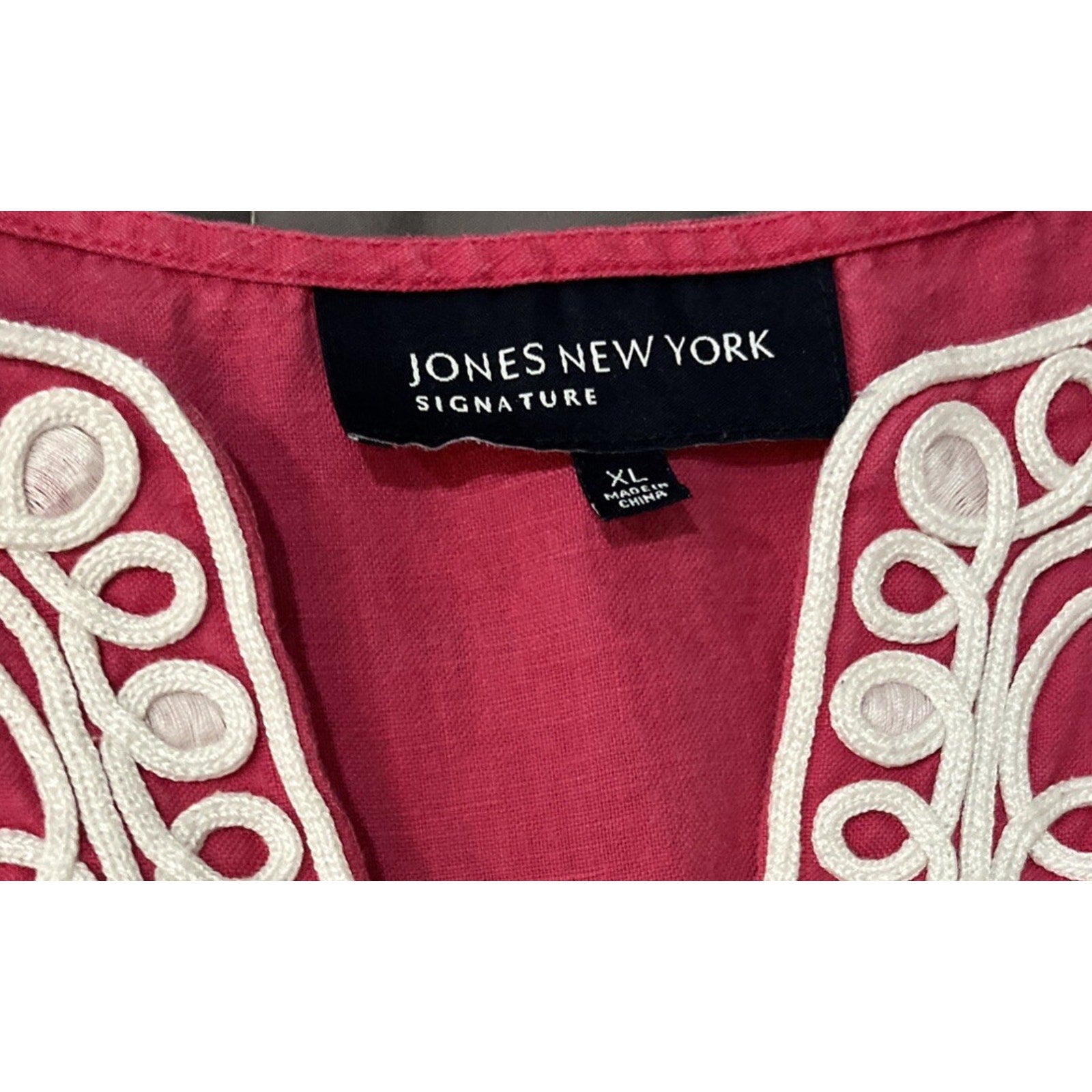 Jones New York Embroidered 100% Linen 3/4 Sleeve V Neck Blouse Pink Sz XL