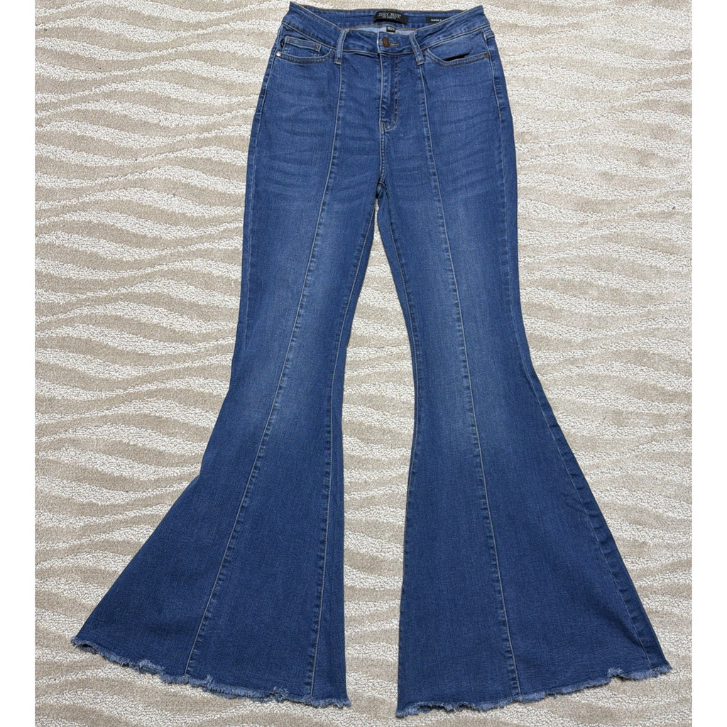 Judy Blue Jeans Womens 9/29 Blue Denim Super Flare Stretch Distressed Raw Hem