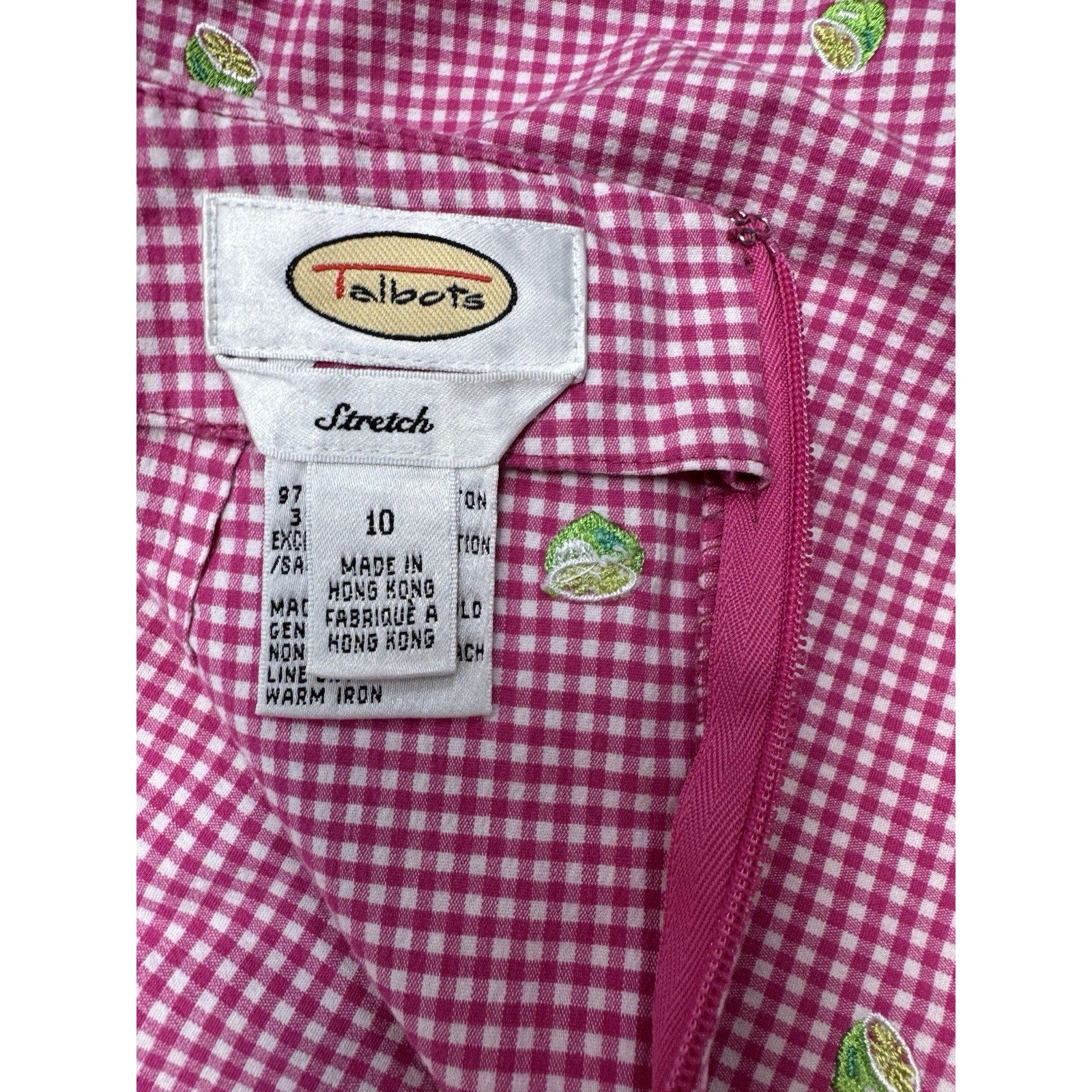 Talbots Skirt Pink Gingham Check Embroidered Green Lime Lined Cotton Women’s 10