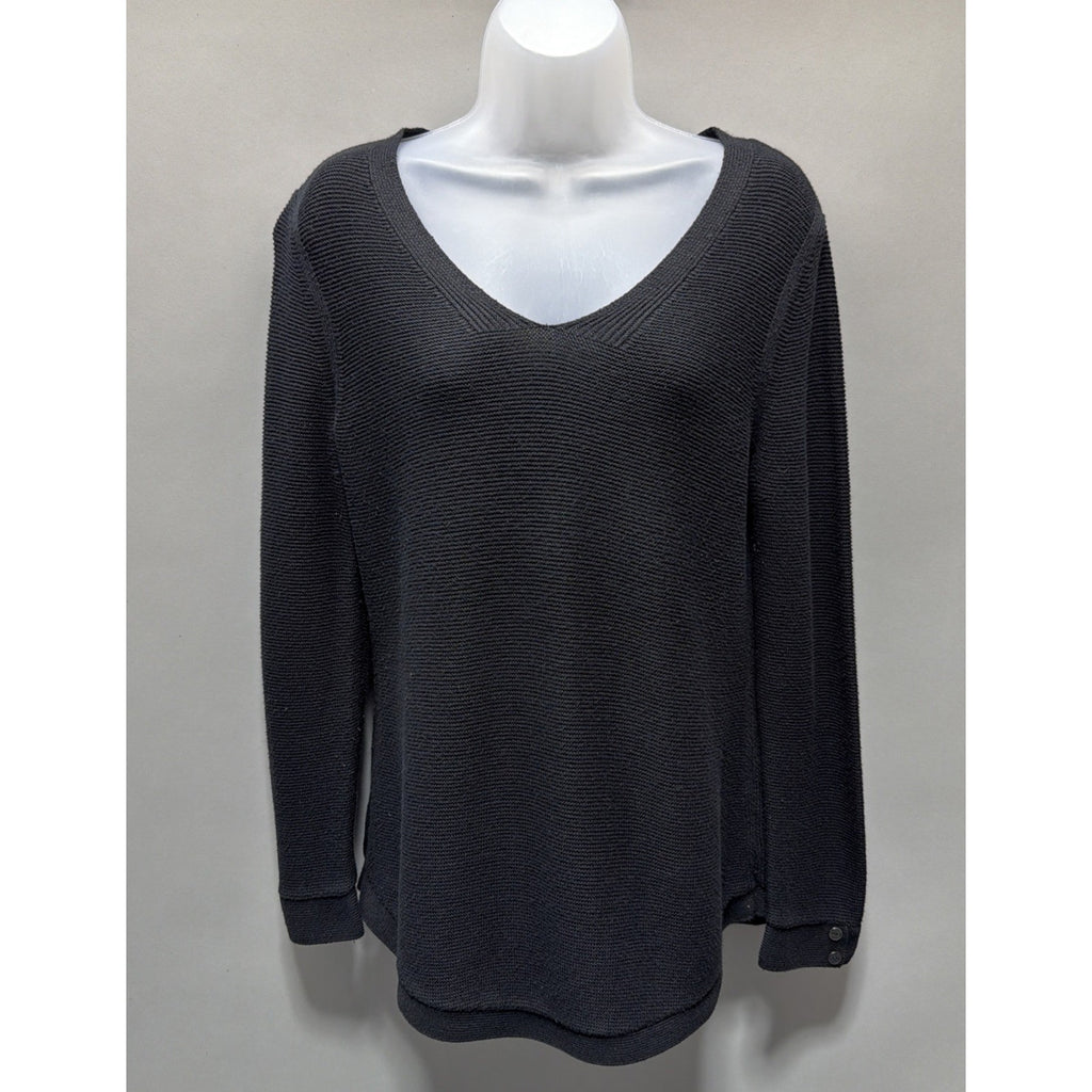 Talbots Waffle Knit Sweater Womens Medium Petite Black VNeck Minimalist