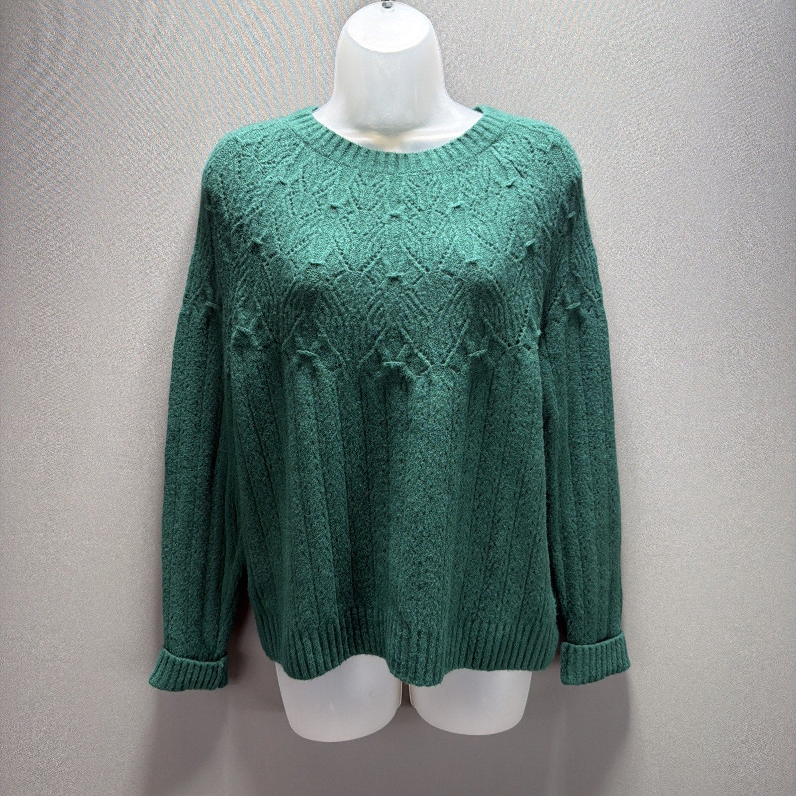 New Talbots Women's Wool Blend Cable Knit Fair Isle Green Sweater Sz S Stretch