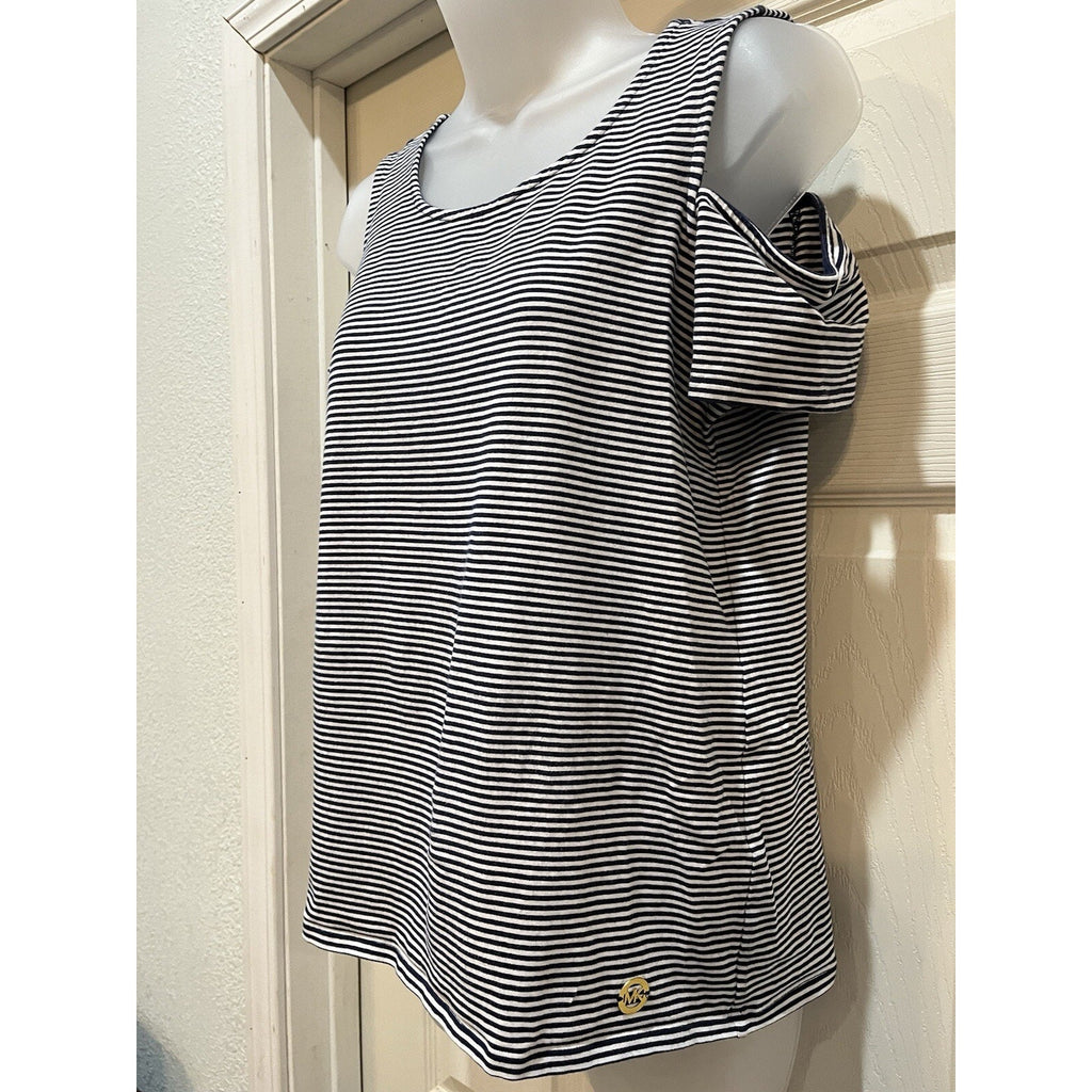 Michael Kors Cold Shoulder Striped Tee Shirt Top Women's Size Large Navy White