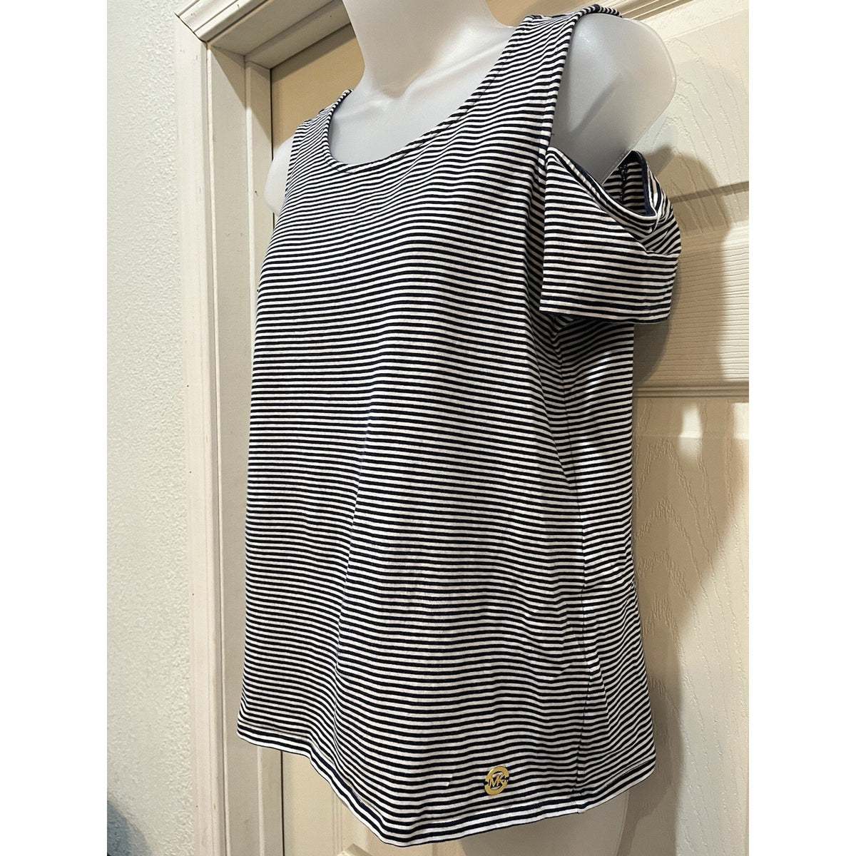 Michael Kors Cold Shoulder Striped Tee Shirt Top Women's Size Large Navy White