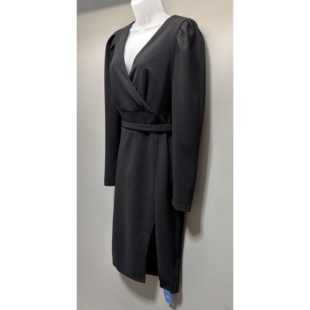 Cupshe Black Puff Shoulder Long Sleeve V Neck Midi Dress Tie Size L NWT