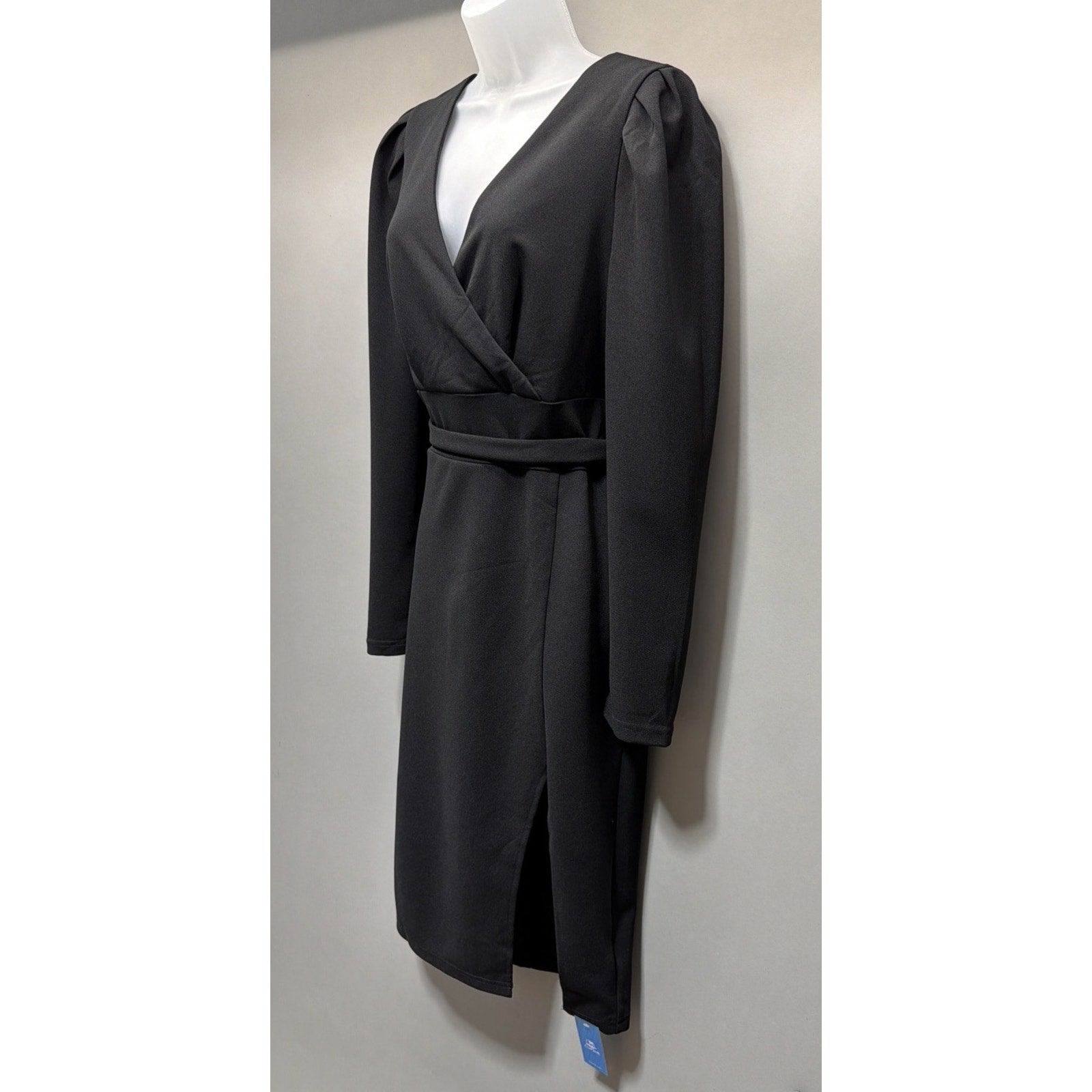 Cupshe Black Puff Shoulder Long Sleeve V Neck Midi Dress Tie Size L NWT