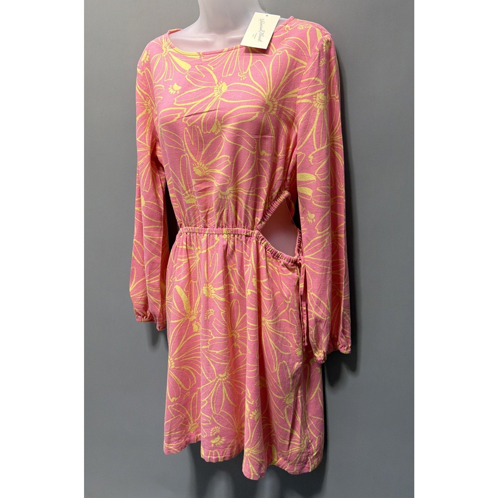 Universal Thread Pink Floral Linen Long Sleeve Cutout Fit Flare Dress M NWT Pock