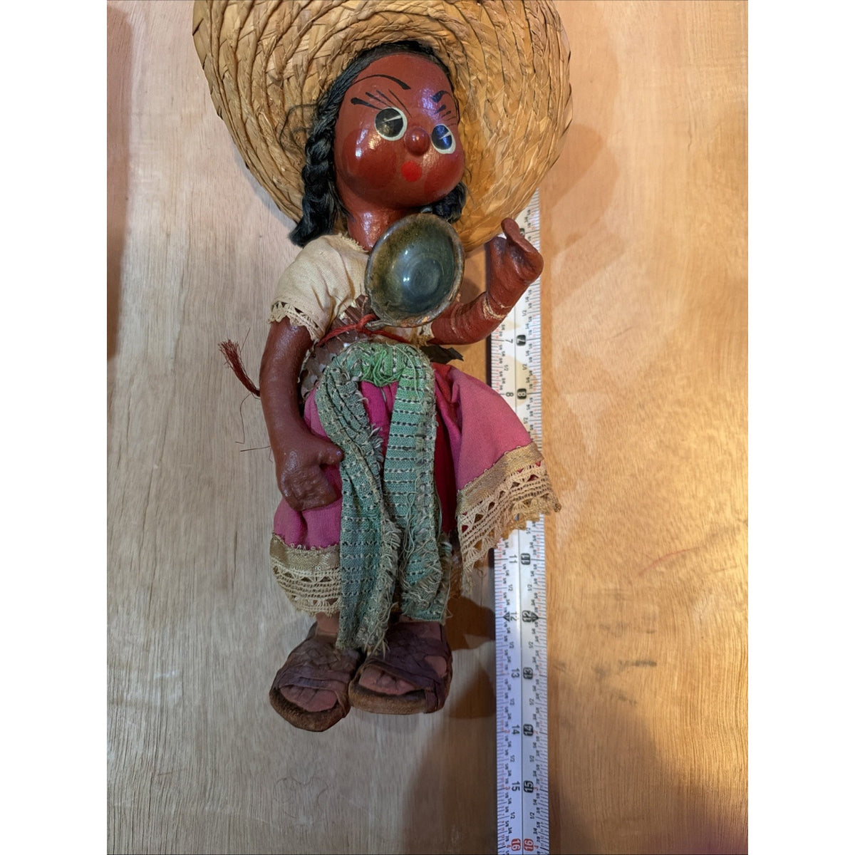 Vintage Mexican Folk Art Mother Baby Doll Sombrero Bowl Pink Dress 14” Souvenir