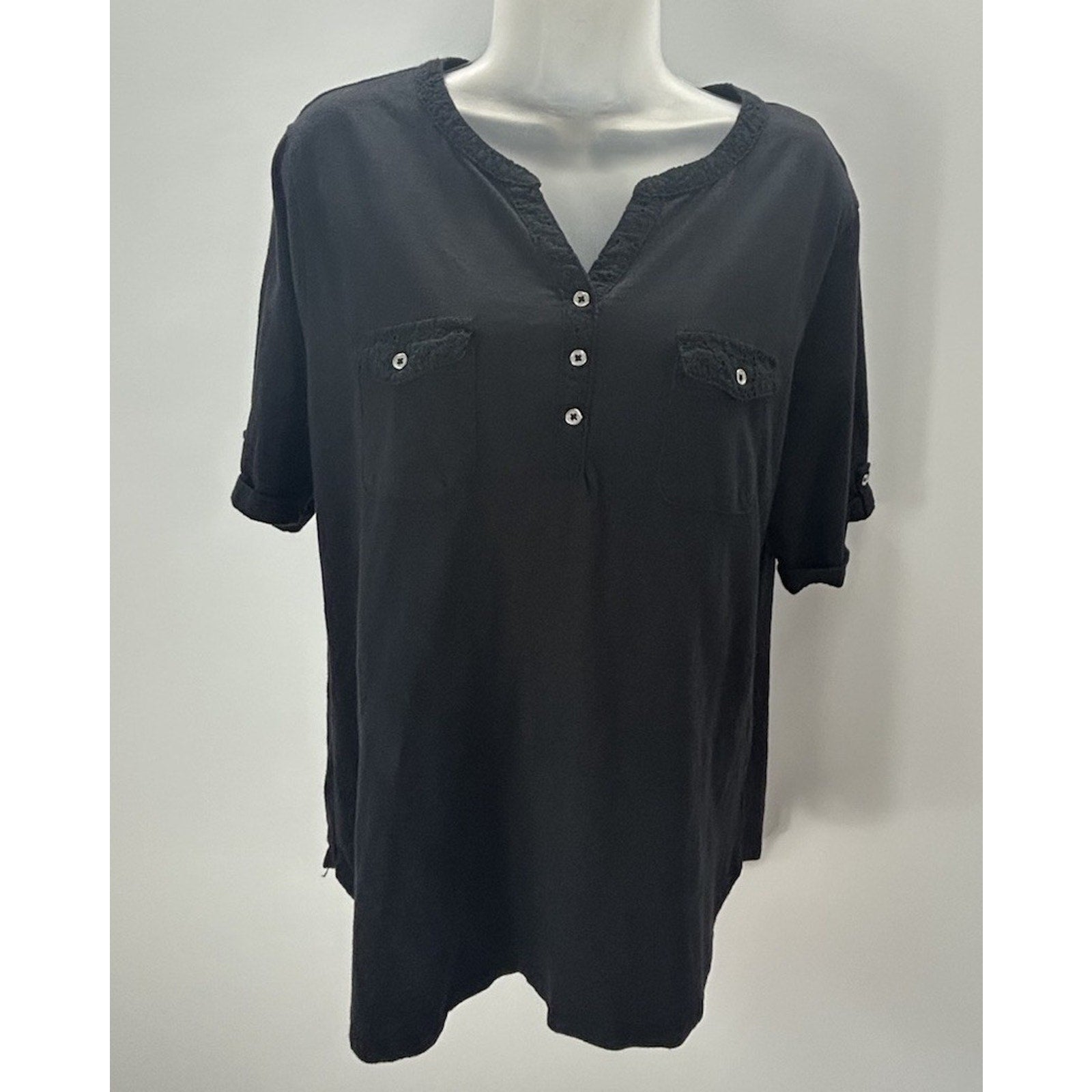 Women's Croft & Barrow Black Elbow Slv Curved Hem Split V-Neck Top XXL