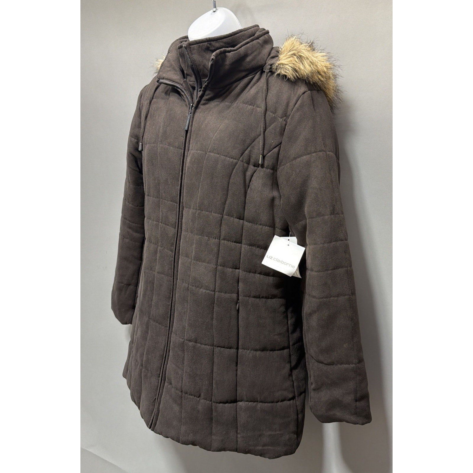 Women's L Liz Claiborne Puffer Jacket Coat Faux Fur Trim Hood Quilted Parka