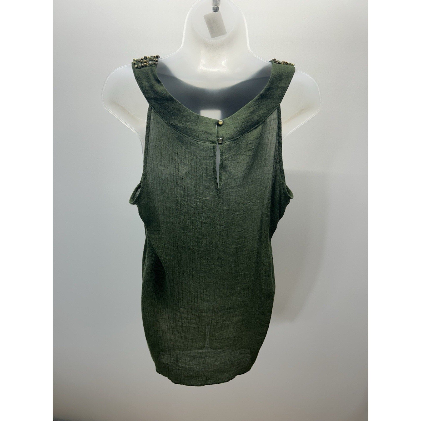 AB Studio Beaded Embellished Gauze Sleeveless Top Medium Asymmetrical Hem Green