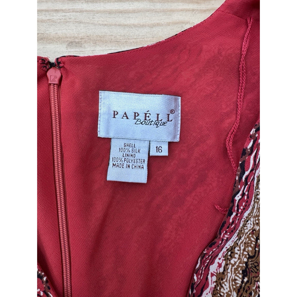 Adrianna Papell Silk Belted Red Brown Striped Print Dress Women’s Size 16