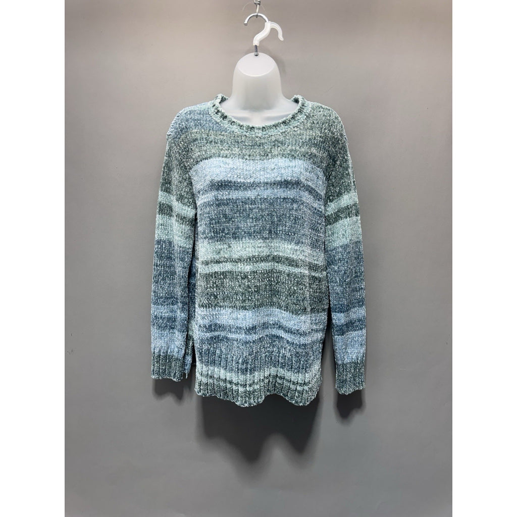 Style & Co Fuzzy Crew Sweater Womens Large Blue Green Striped Soft Plush Cozy