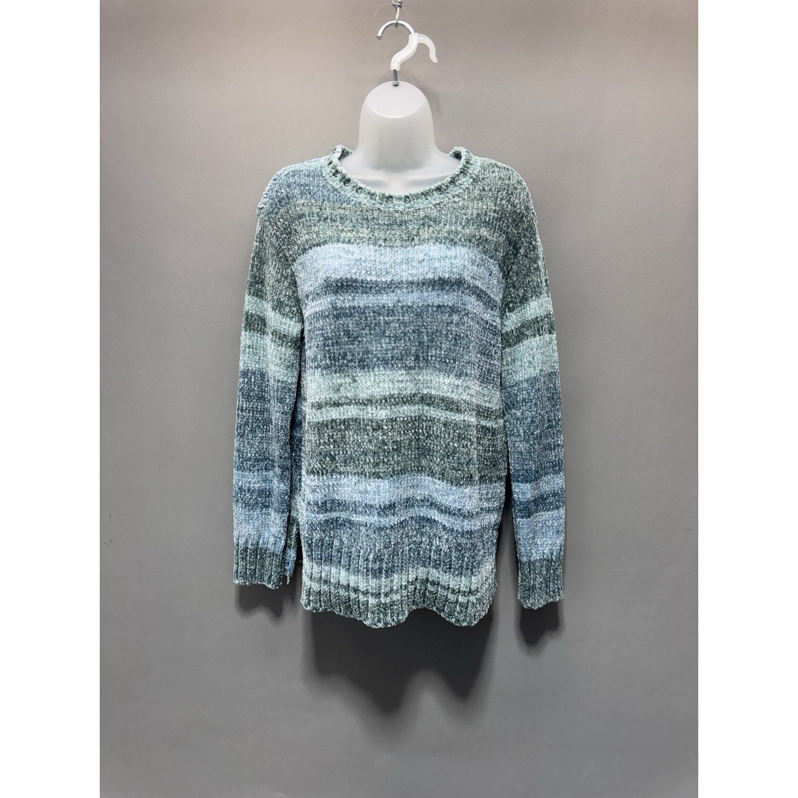 Style & Co Fuzzy Crew Sweater Womens Large Blue Green Striped Soft Plush Cozy