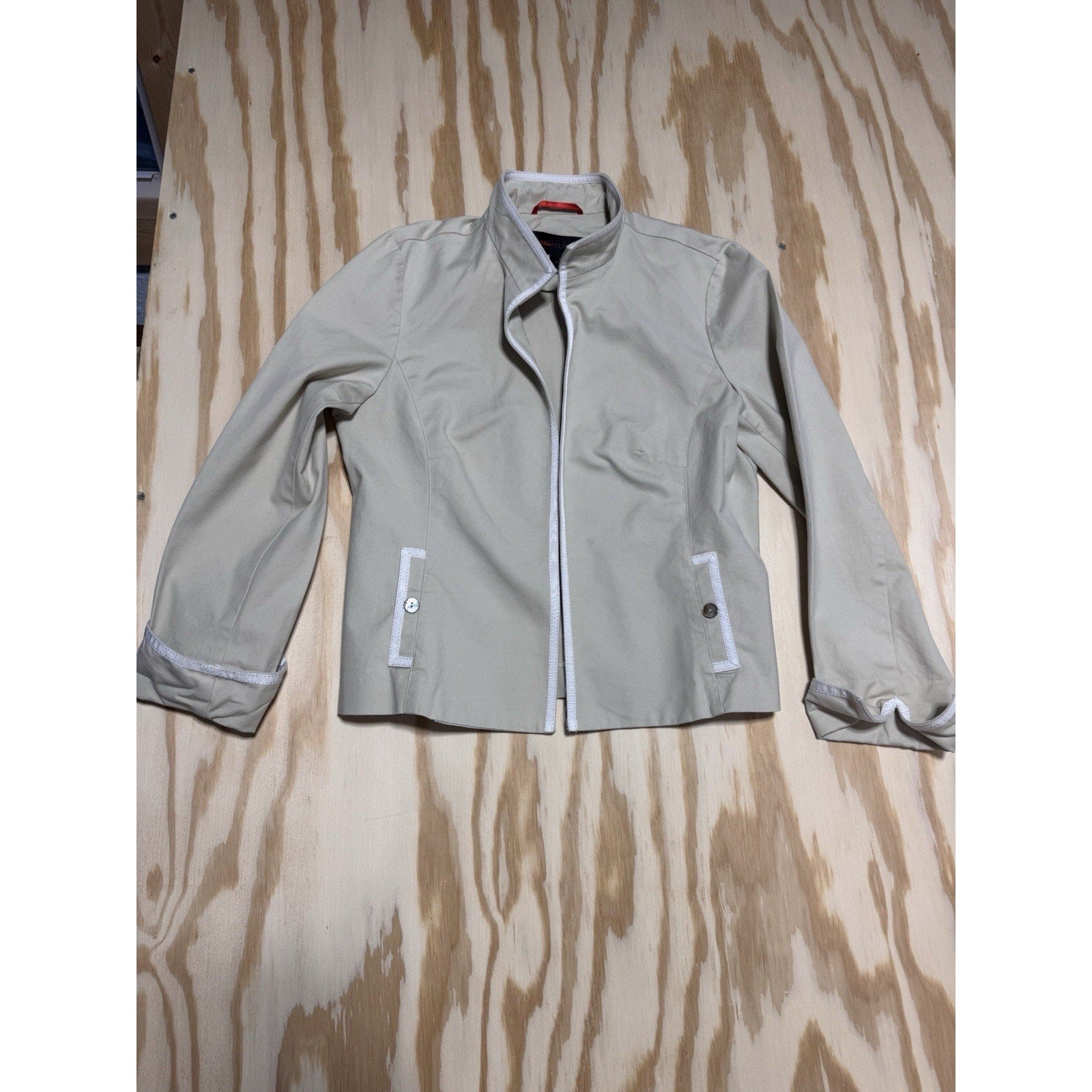 Nina McLemore Beige Cotton Blend Jacket Womens Large Stand Collar Career