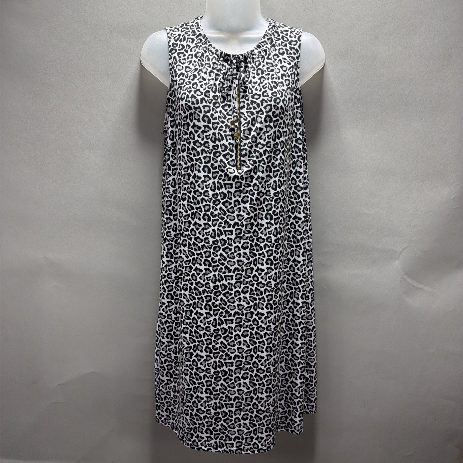 Michael Kors Leopard Print Shift Dress Sleeveless Gold Zip Neck Black White L