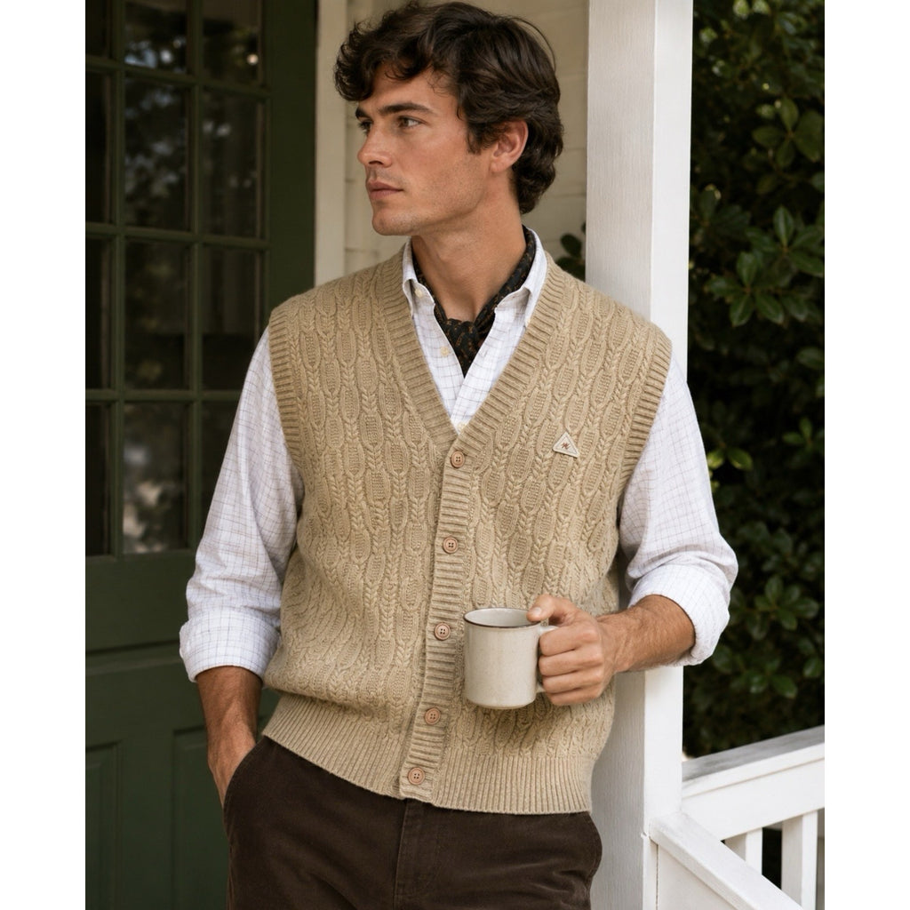 Monte Carlo Men Sz 44 Button Up Brown Lambs Wool Sweater Vest Cable Knit