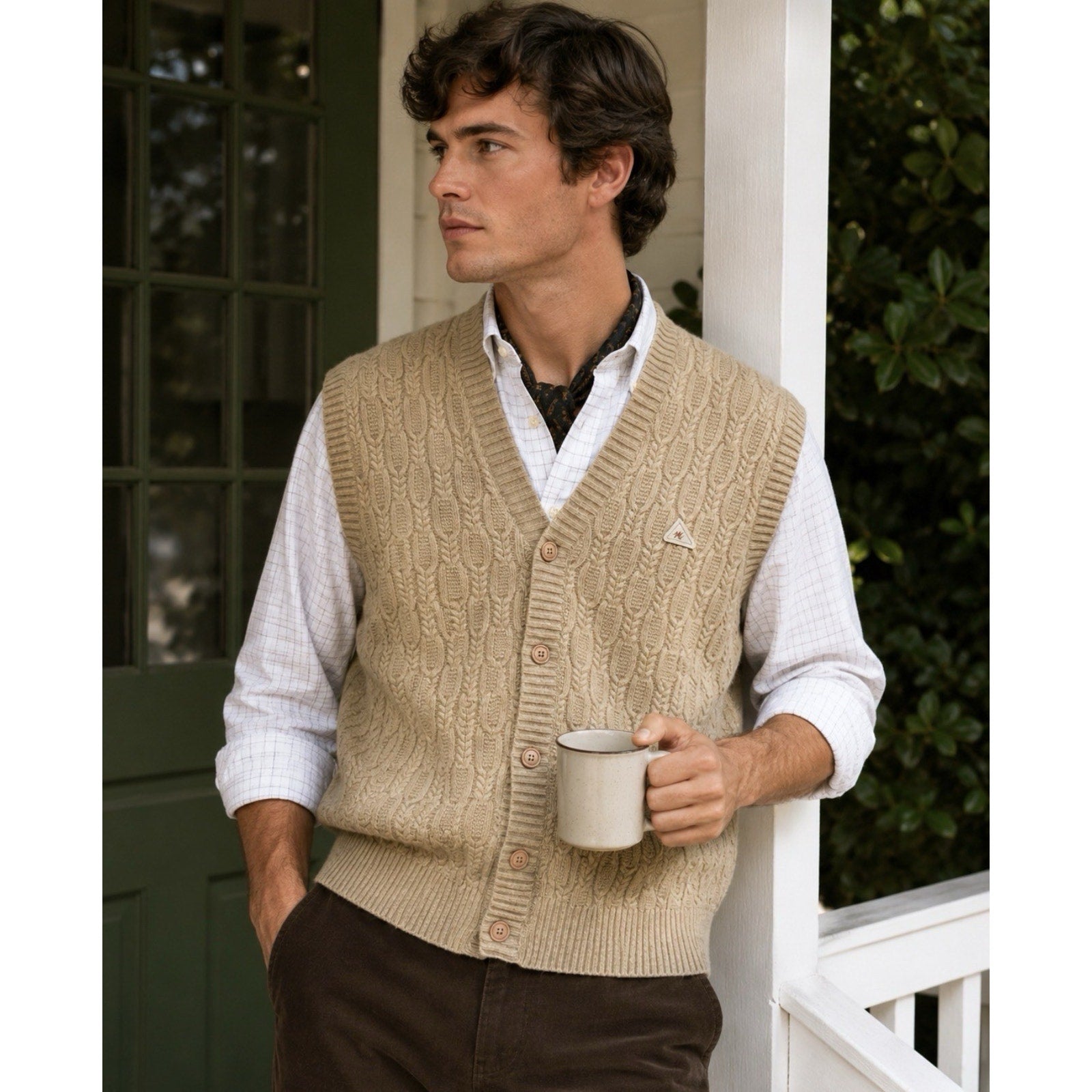 Monte Carlo Men Sz 44 Button Up Brown Lambs Wool Sweater Vest Cable Knit