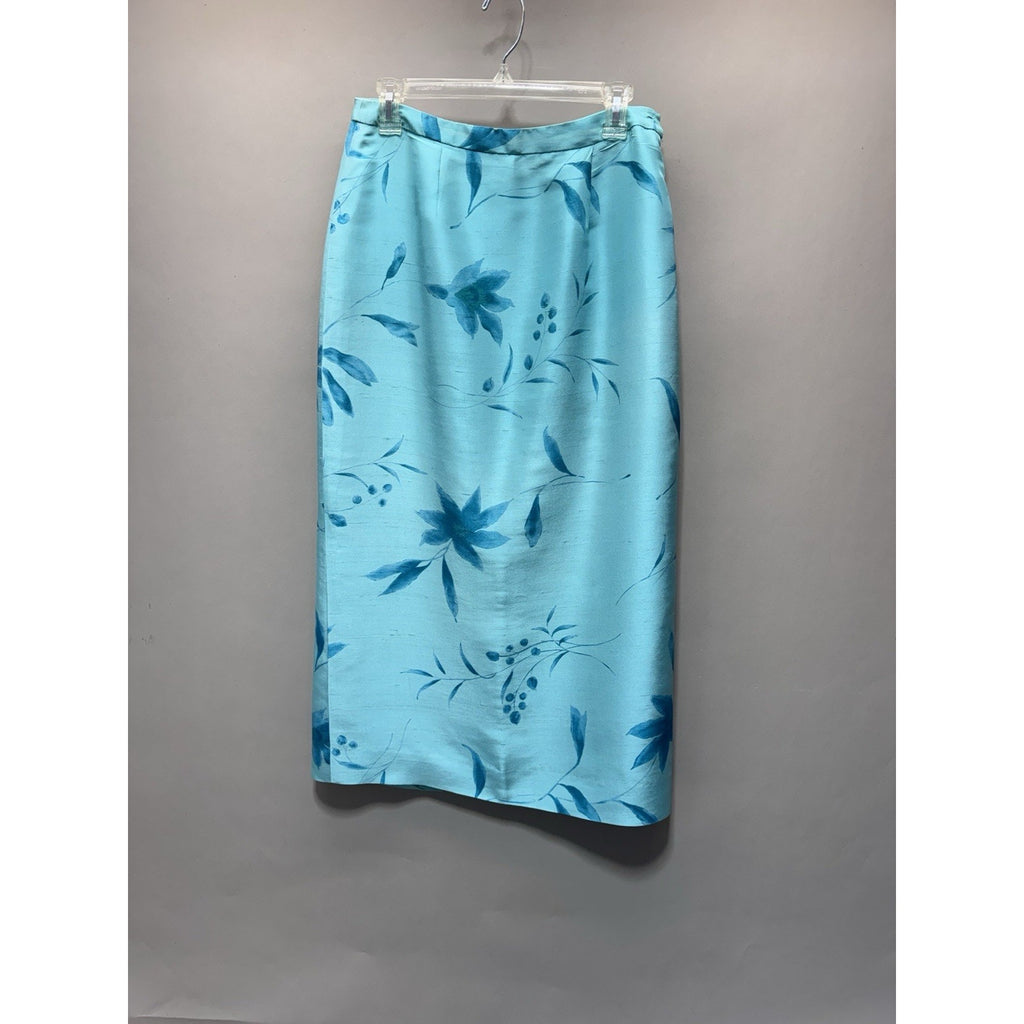 Jones New York Silk Skirt 10P Petite Blue Floral Midi Pencil Back Slit Lined