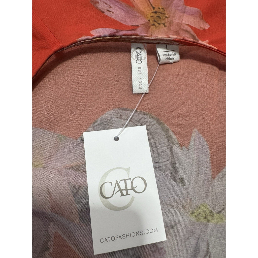 NWT Cato Floral Paisley Kimono Cardigan Cover Up Lace Trim Coral Orange Boho L