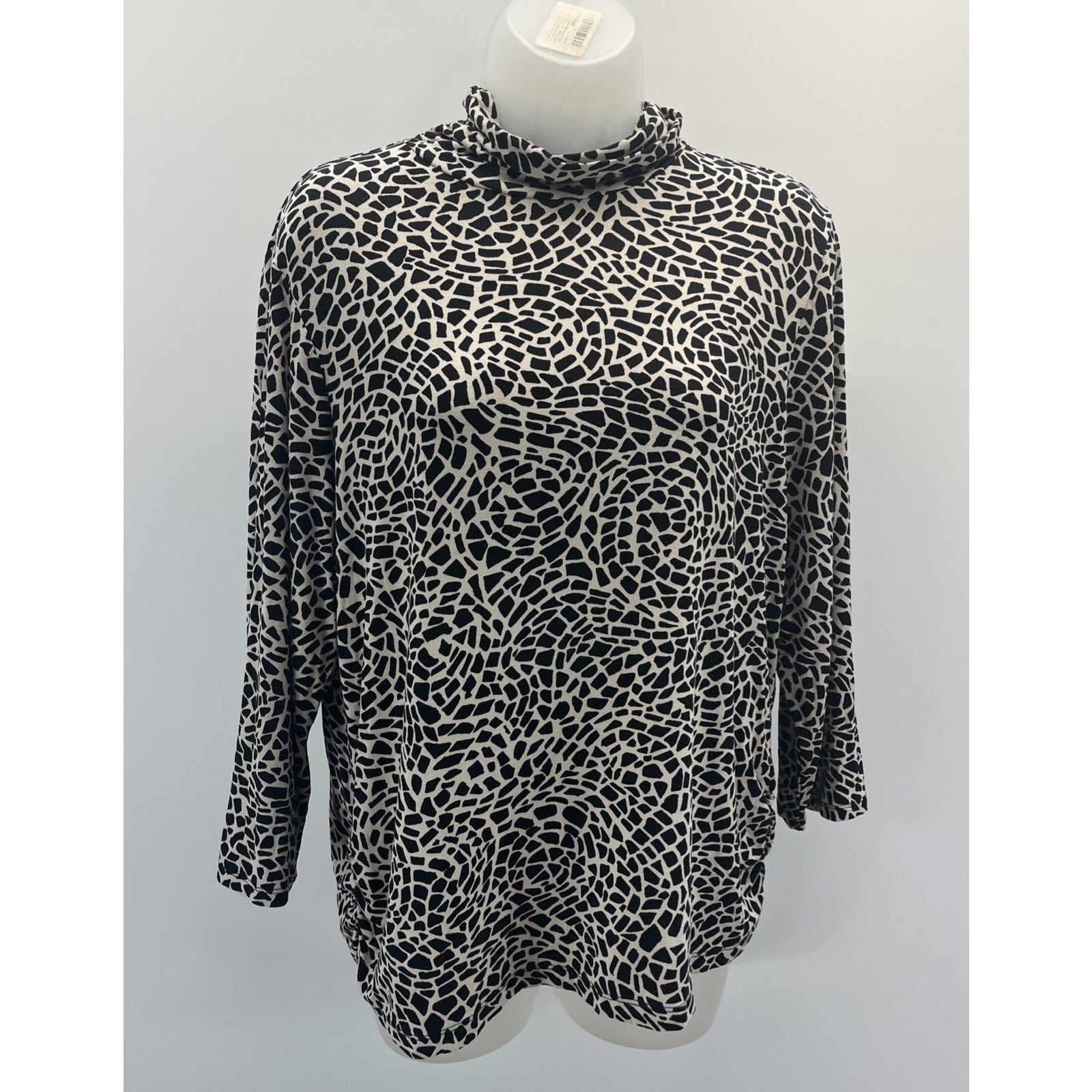 Chico's Black & Beige Animal Print Mock Neck Stretch Blouse, Size 2