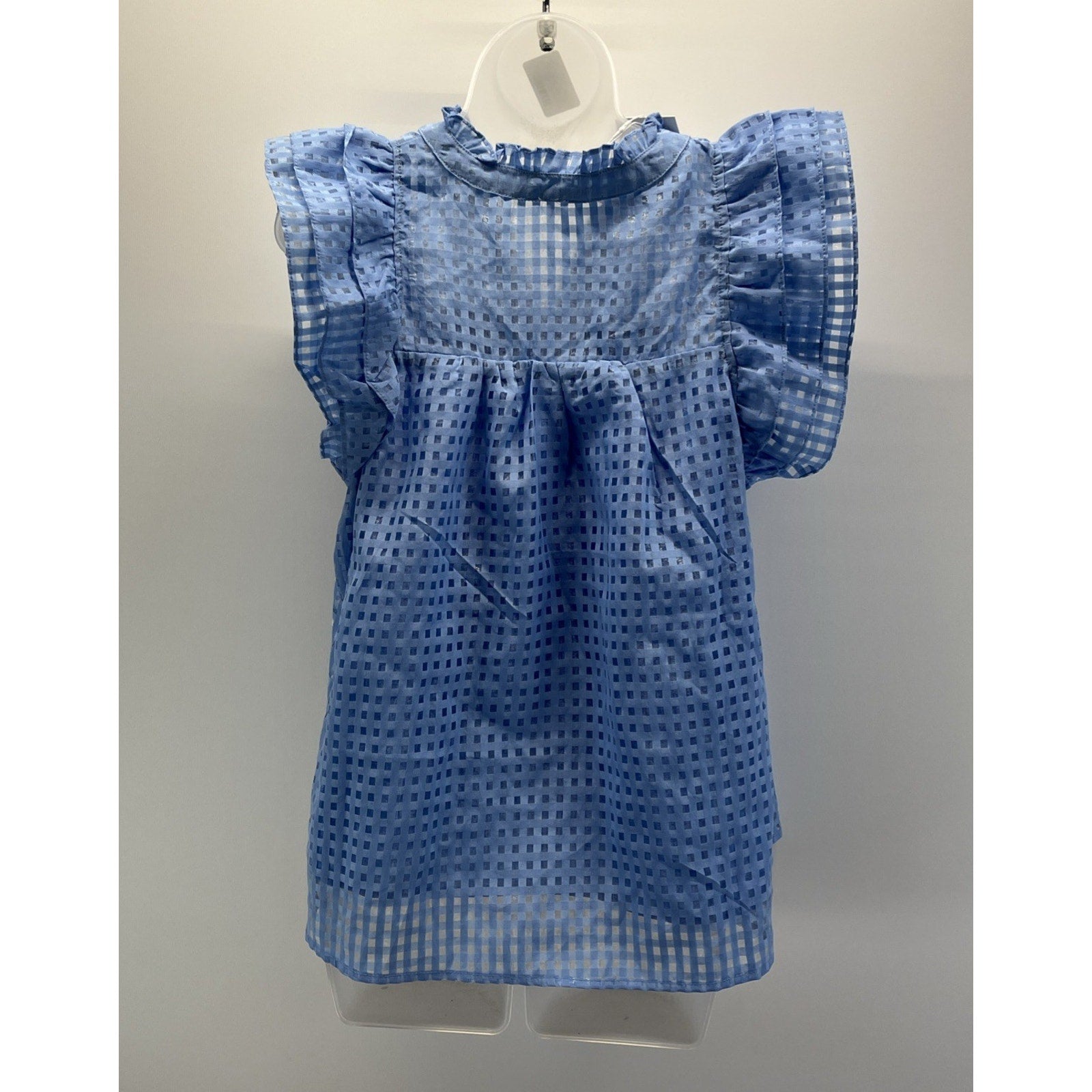 NWT Annie Wear Womens Blue Lined Short Sleeve Blouse Ruffle Sleeve Small